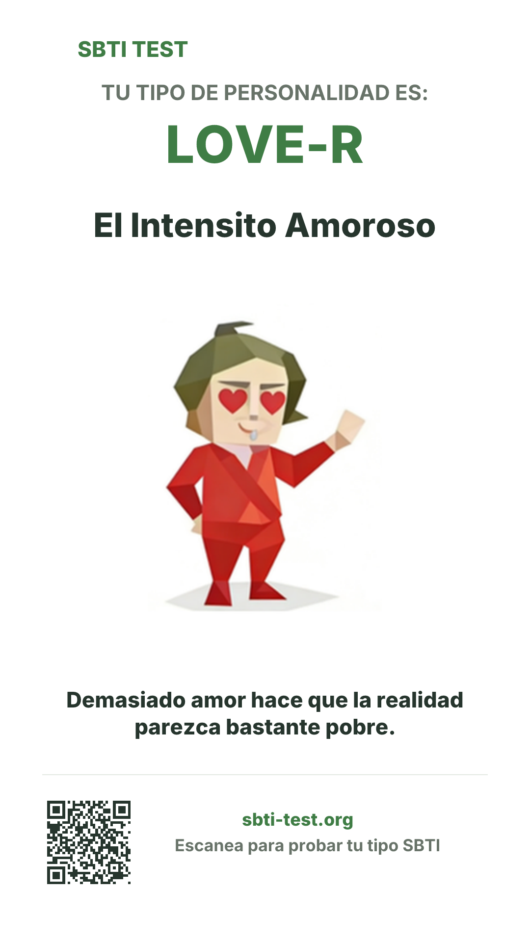 Póster vertical de SBTI para LOVE-R El Intensito Amoroso, con la ilustración y la información para compartir