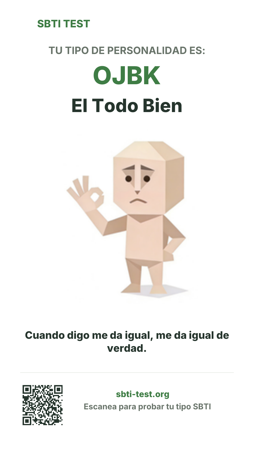 Póster vertical de SBTI para OJBK El Todo Bien, con la ilustración y la información para compartir