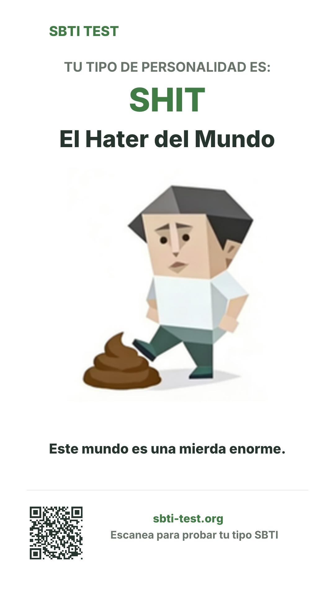 Póster vertical de SBTI para SHIT El Hater del Mundo, con la ilustración y la información para compartir
