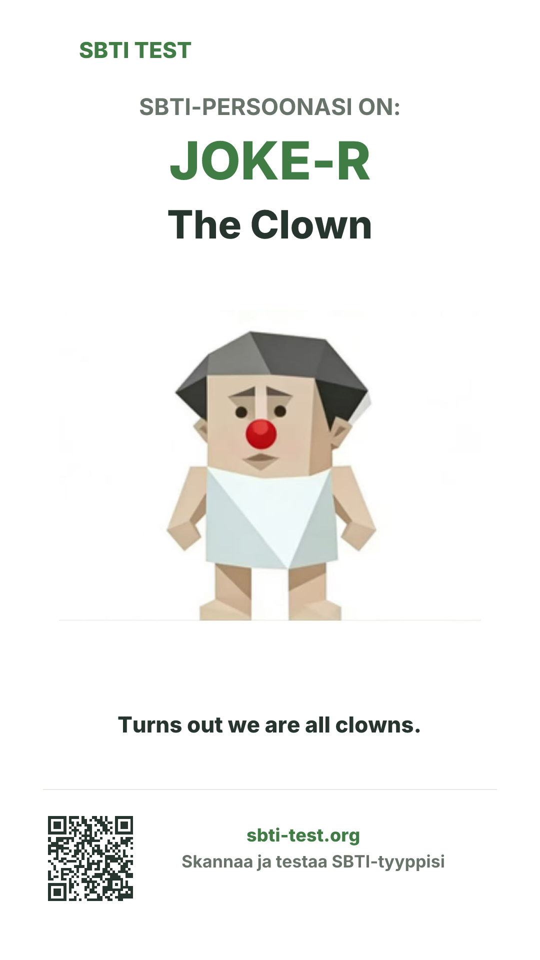 Pystymuotoinen SBTI-juliste tyypille JOKE-R The Clown, jossa näkyvät pääkuva ja jaettava teksti