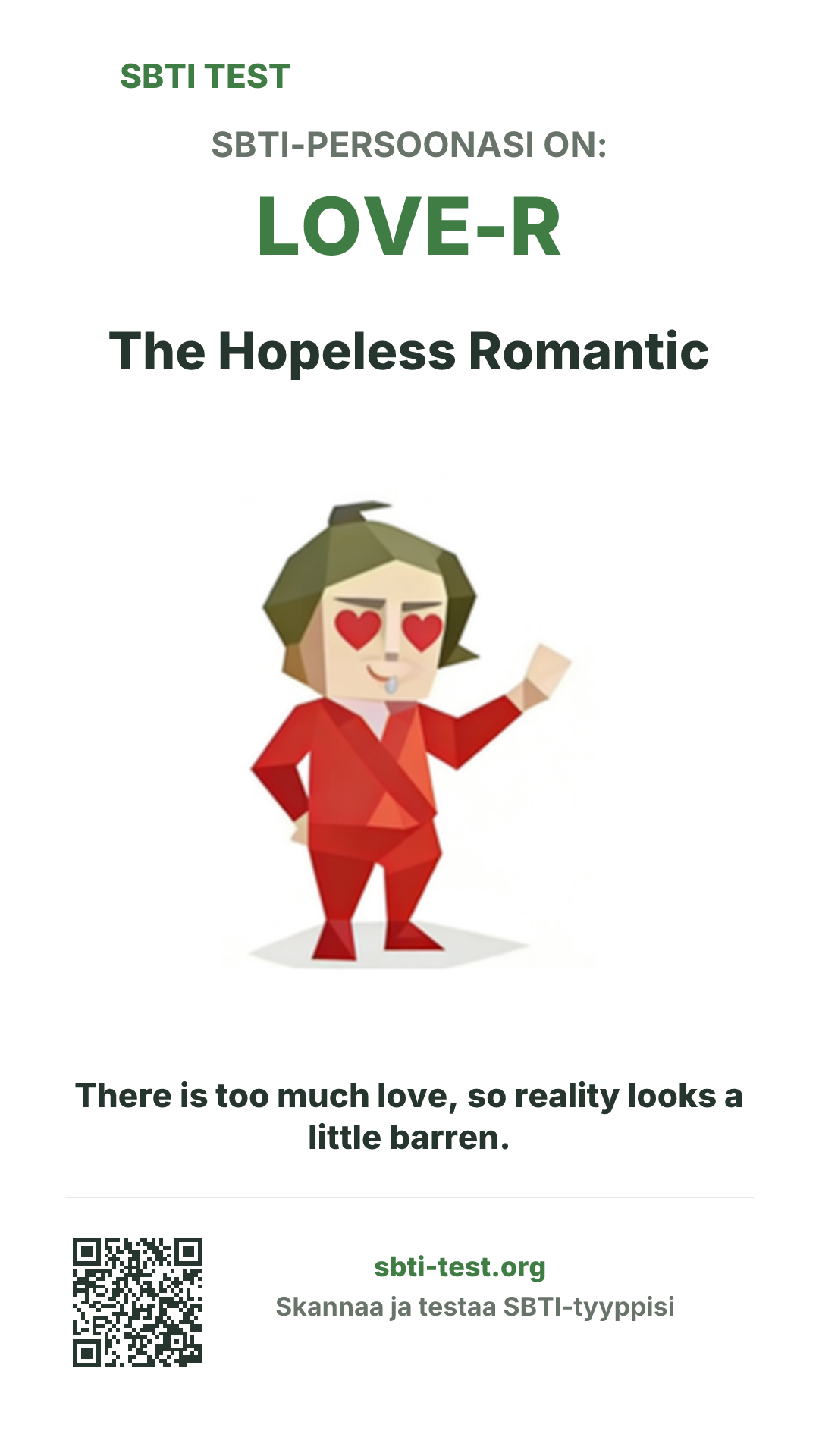 Pystymuotoinen SBTI-juliste tyypille LOVE-R The Hopeless Romantic, jossa näkyvät pääkuva ja jaettava teksti