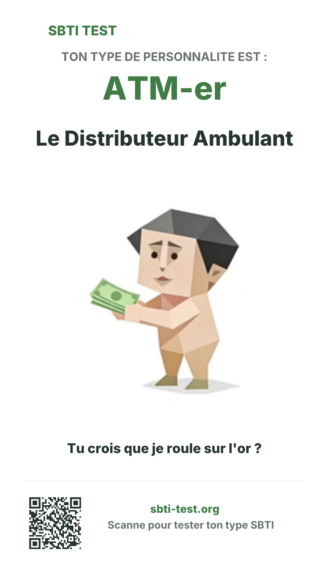 Affiche verticale SBTI pour ATM-er Le Distributeur Ambulant, avec le visuel du type et les infos de partage
