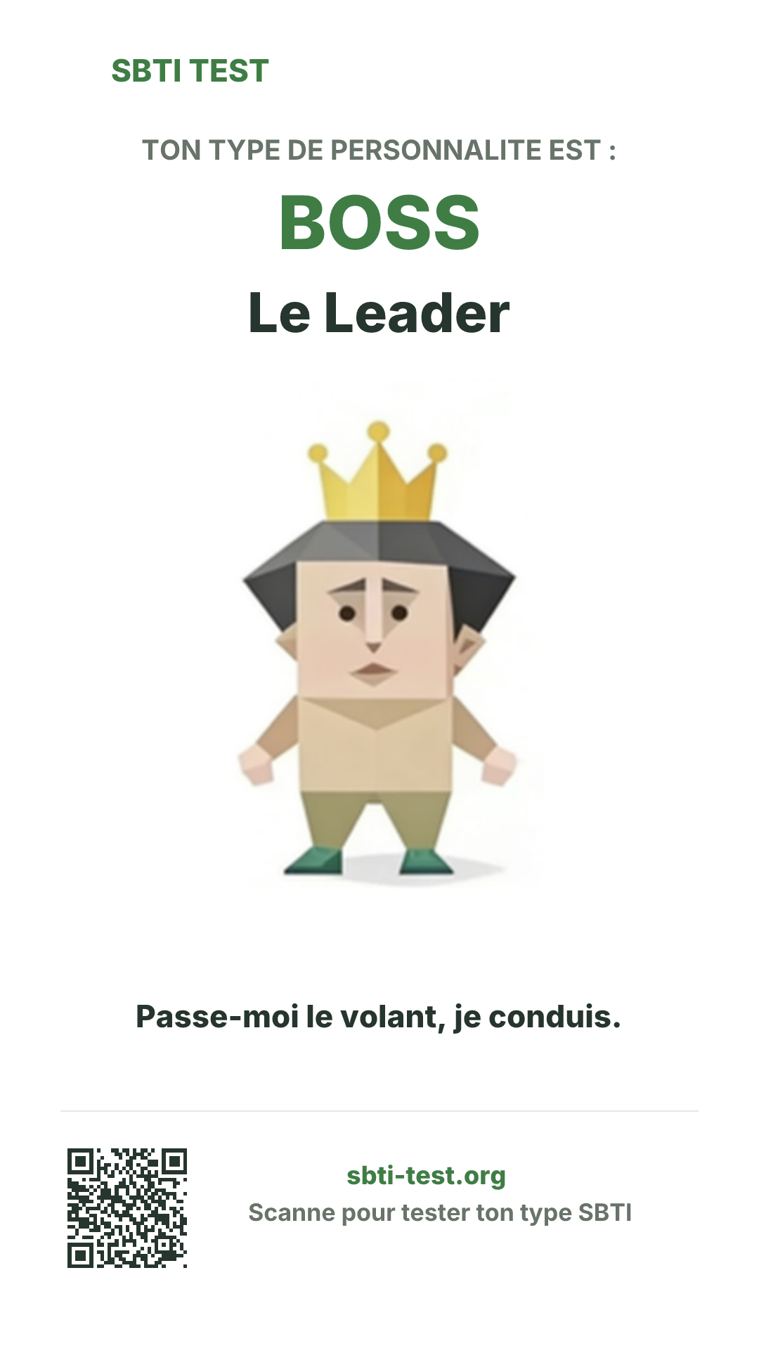 Affiche verticale SBTI pour BOSS Le Leader, avec le visuel du type et les infos de partage