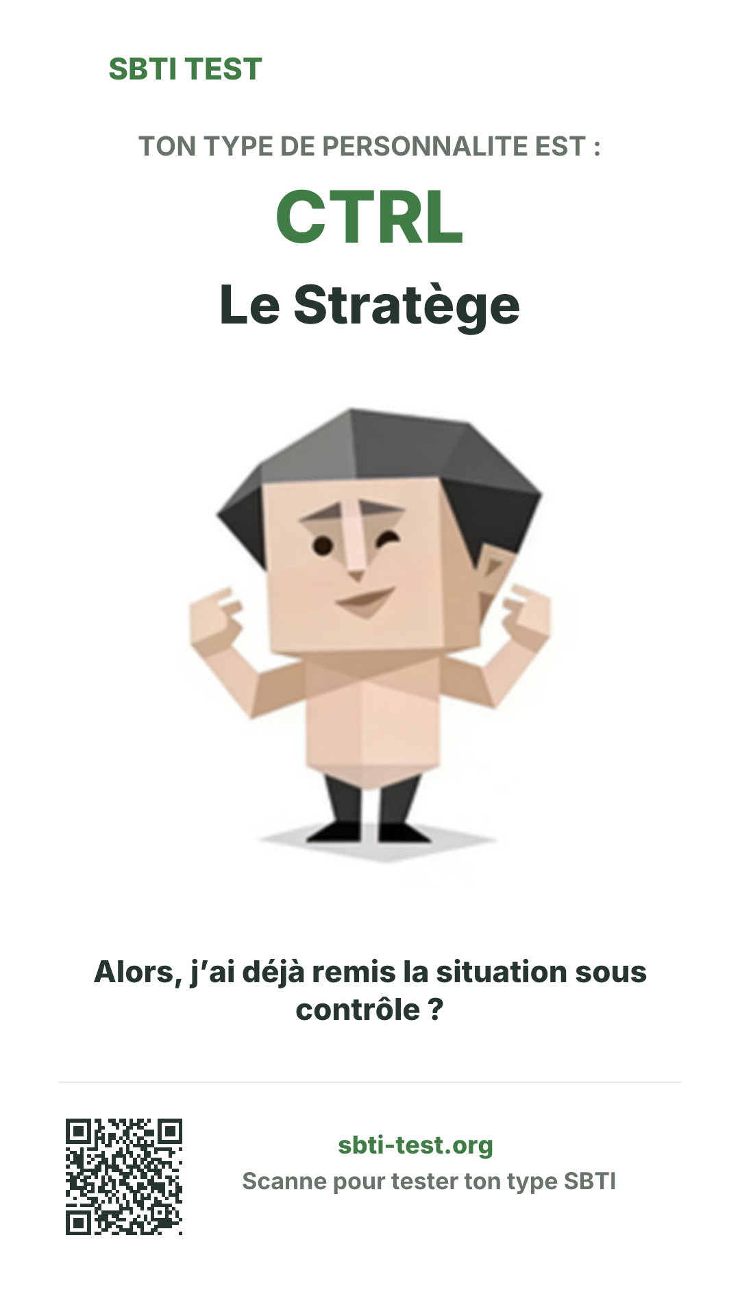Affiche verticale SBTI pour CTRL Le Stratège, avec le visuel du type et les infos de partage
