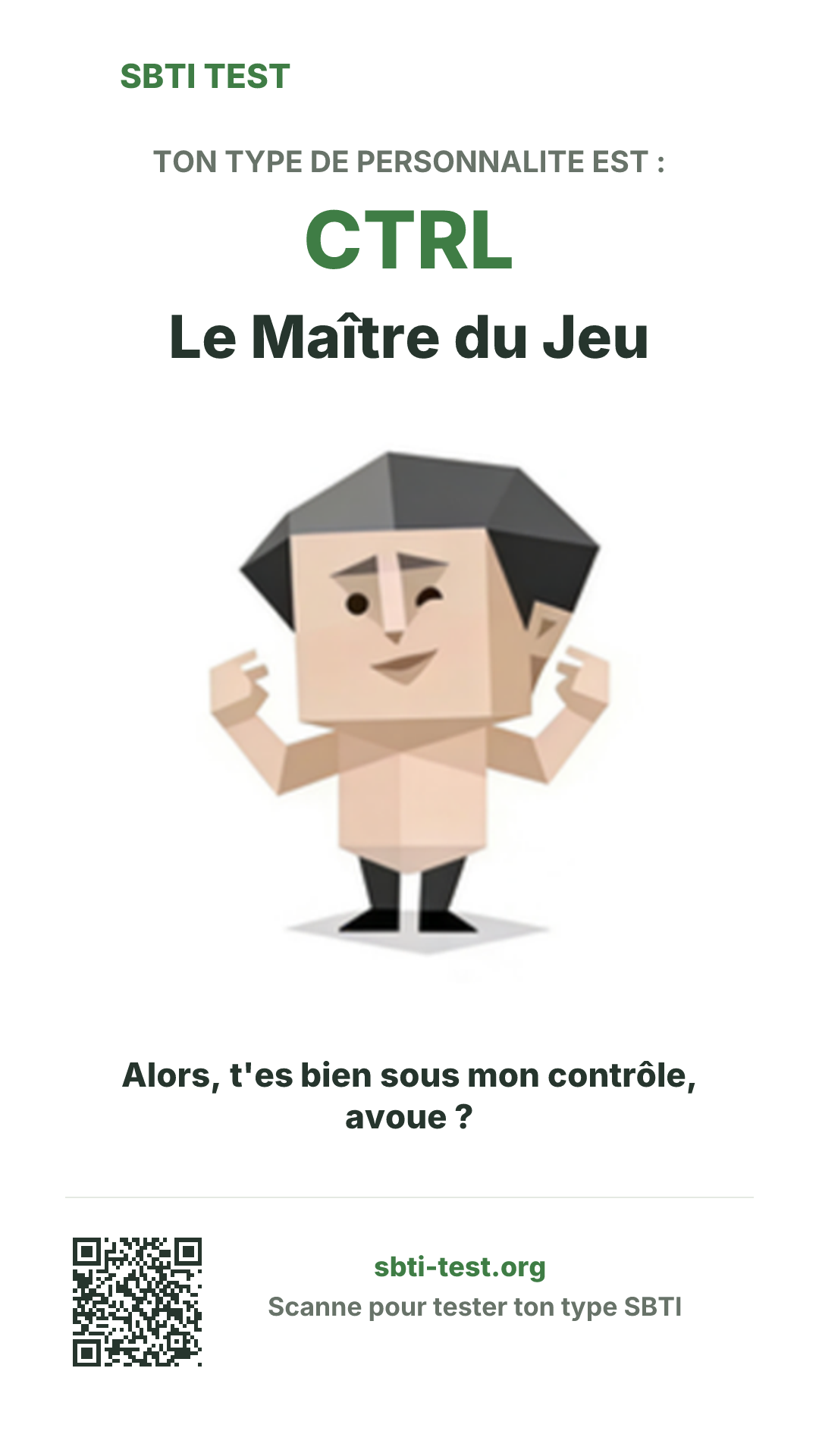 Affiche verticale SBTI pour CTRL Le Maître du Jeu, avec le visuel du type et les infos de partage
