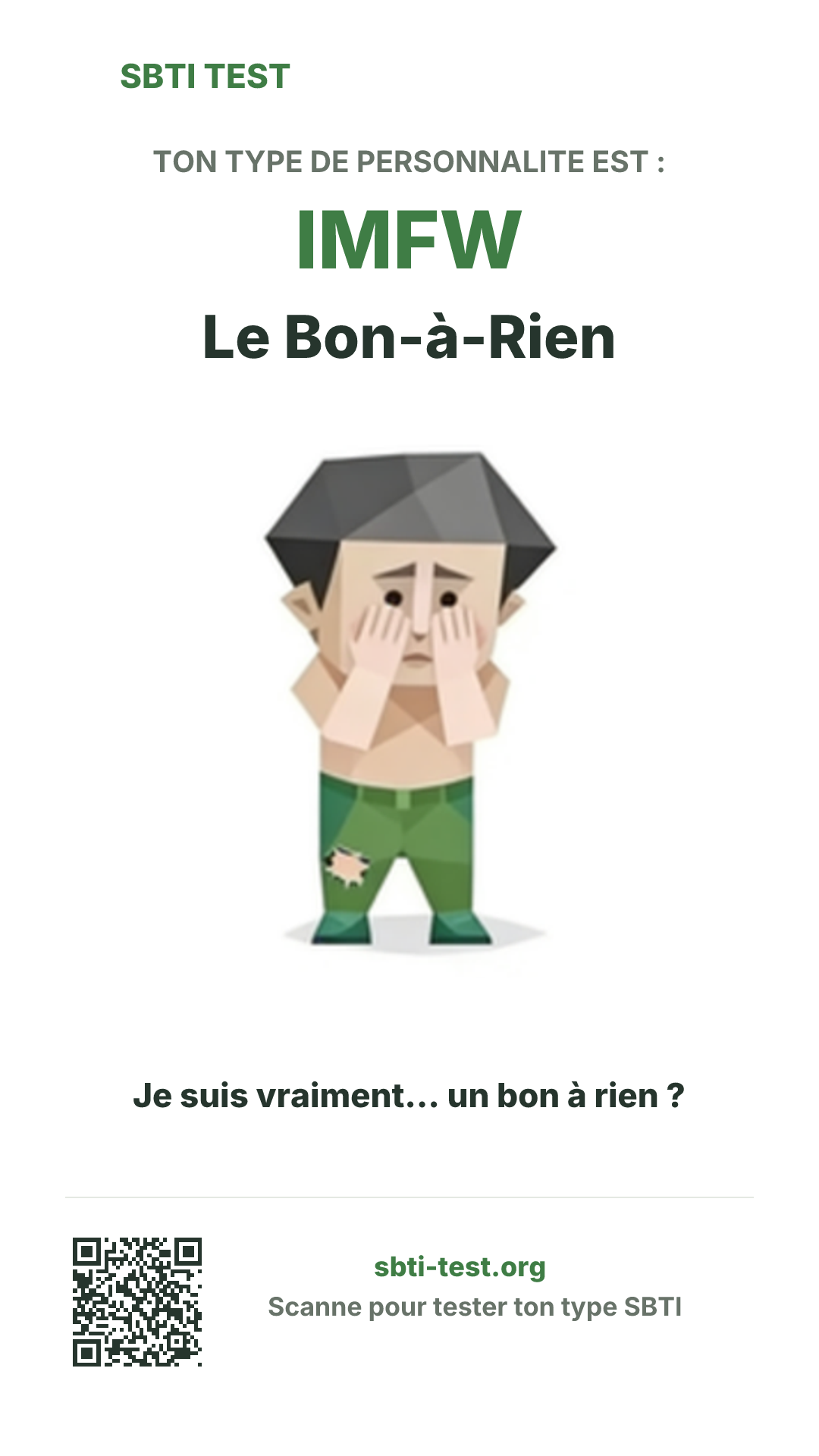Affiche verticale SBTI pour IMFW Le Bon-à-Rien, avec le visuel du type et les infos de partage