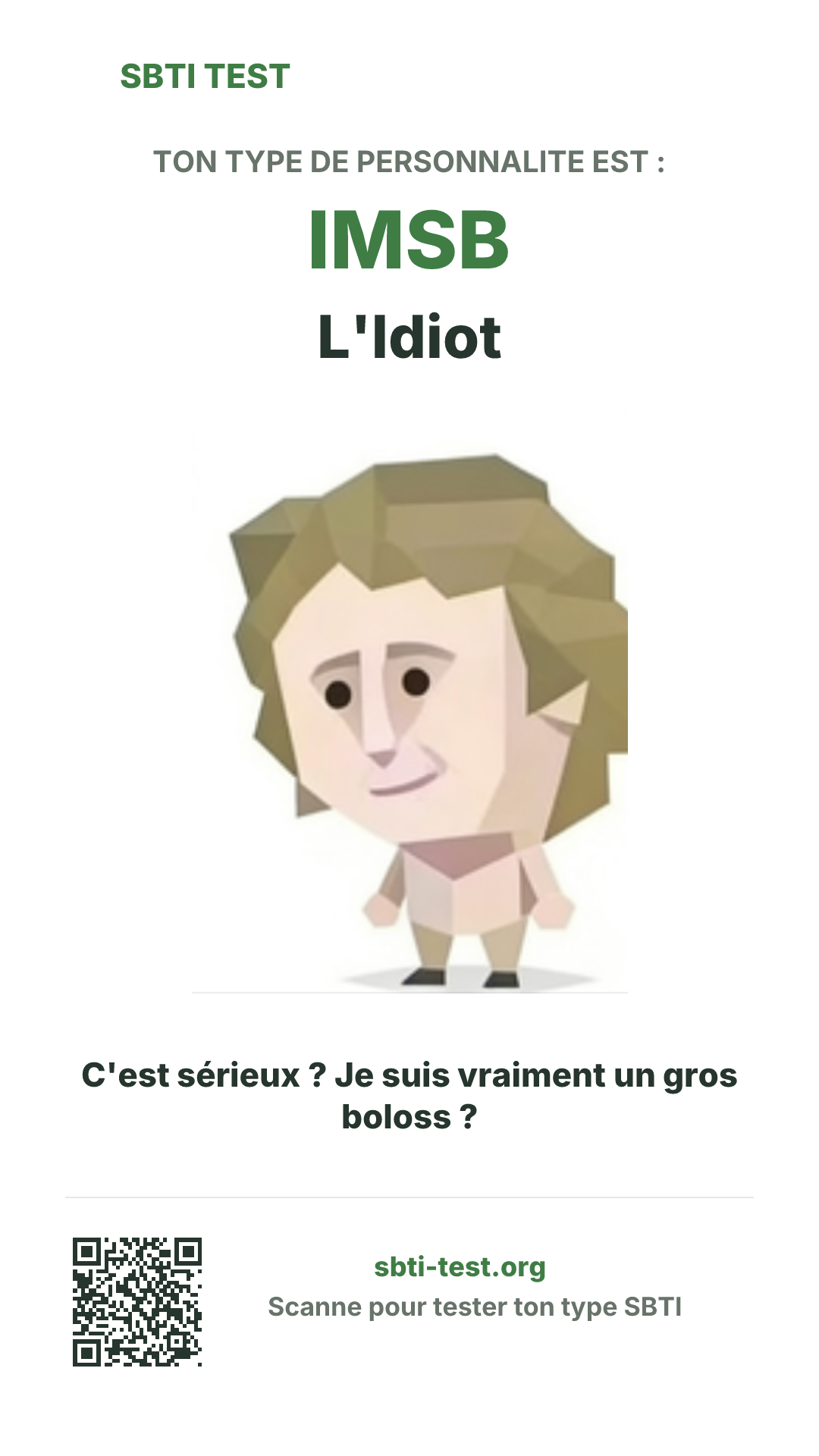 Affiche verticale SBTI pour IMSB L'Idiot, avec le visuel du type et les infos de partage
