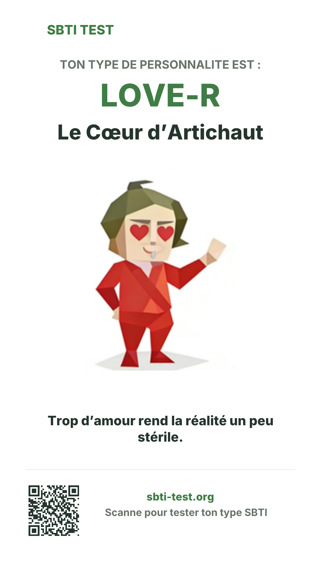 Affiche verticale SBTI pour LOVE-R Le Cœur d’Artichaut, avec le visuel du type et les infos de partage