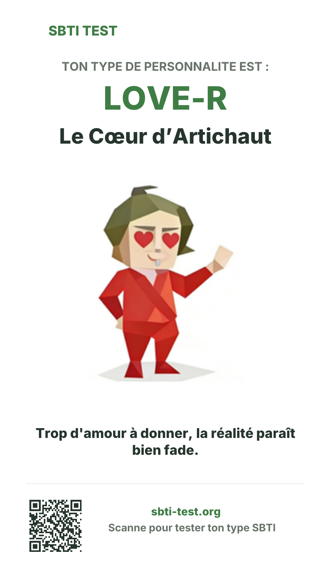 Affiche verticale SBTI pour LOVE-R Le Cœur d’Artichaut, avec le visuel du type et les infos de partage