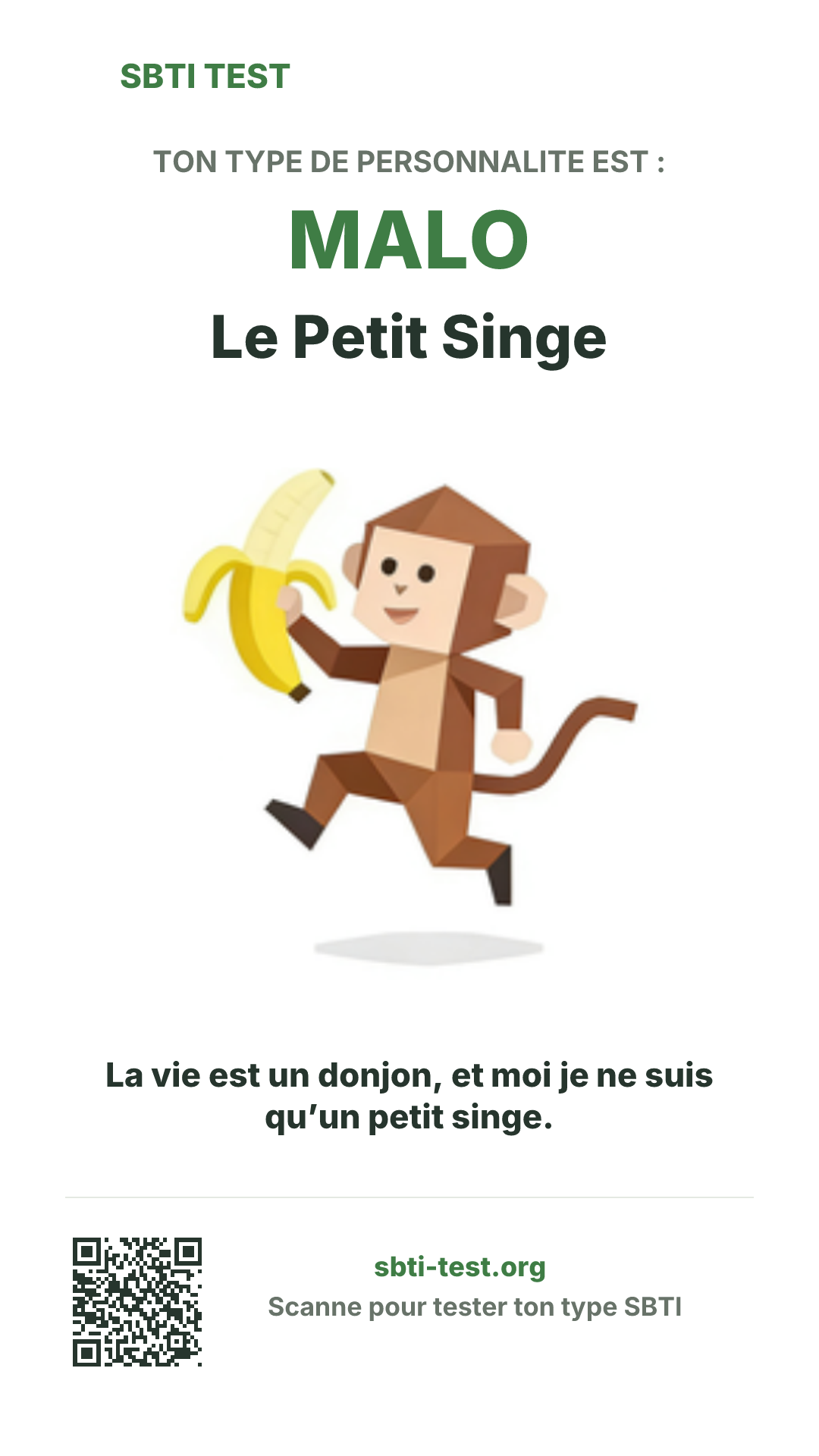Affiche verticale SBTI pour MALO Le Petit Singe, avec le visuel du type et les infos de partage