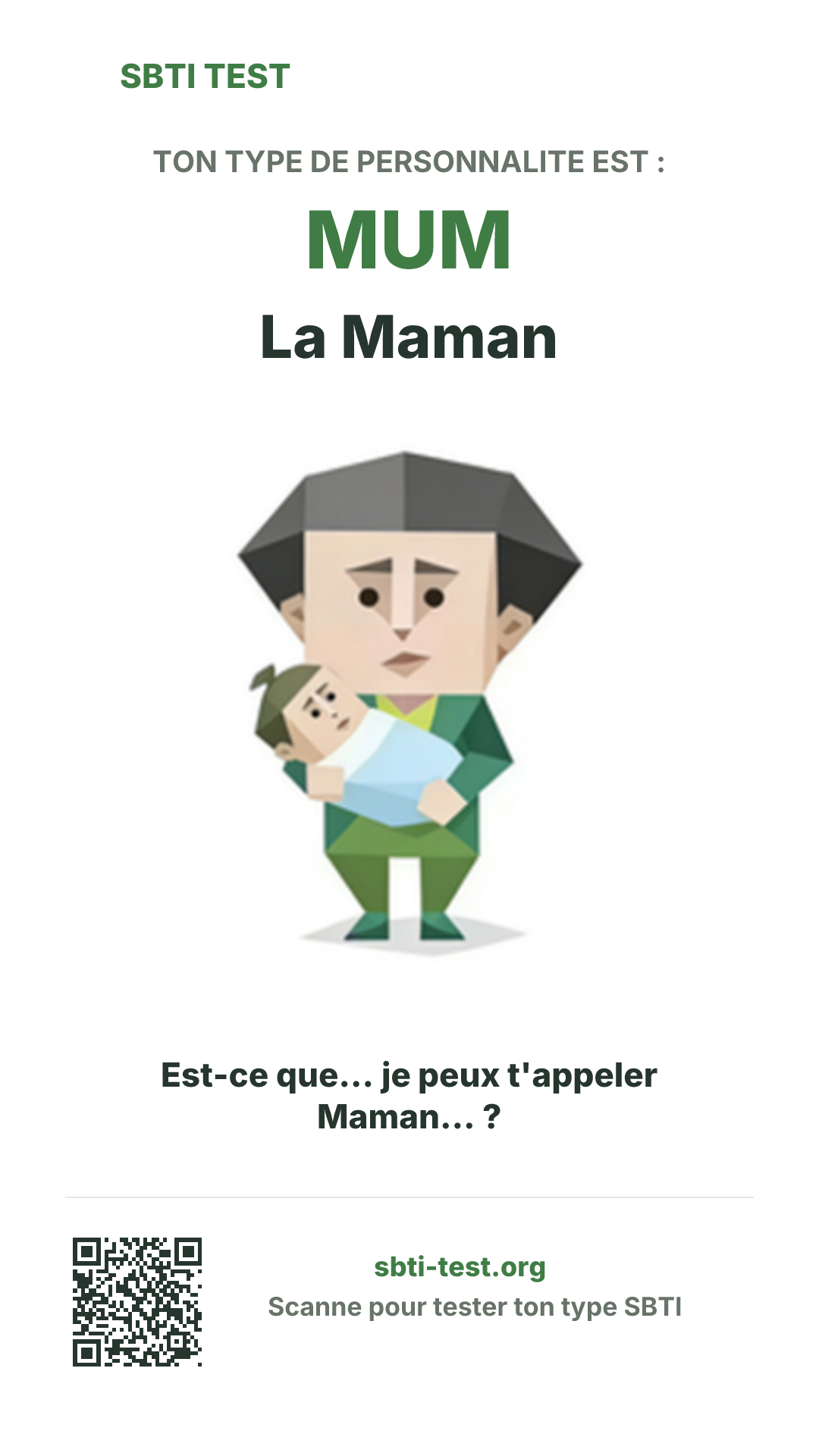 Affiche verticale SBTI pour MUM La Maman, avec le visuel du type et les infos de partage