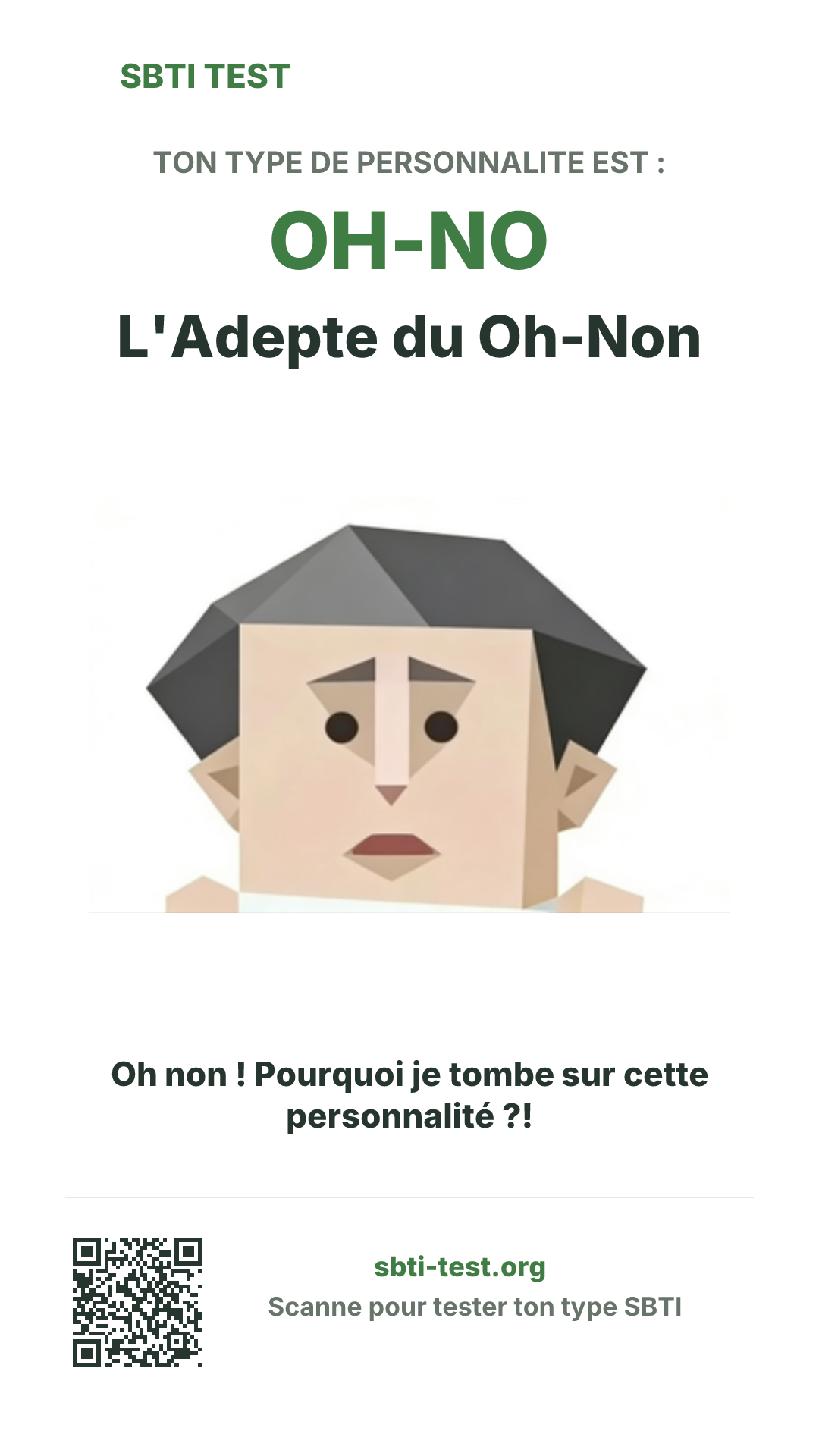 Affiche verticale SBTI pour OH-NO L'Adepte du Oh-Non, avec le visuel du type et les infos de partage