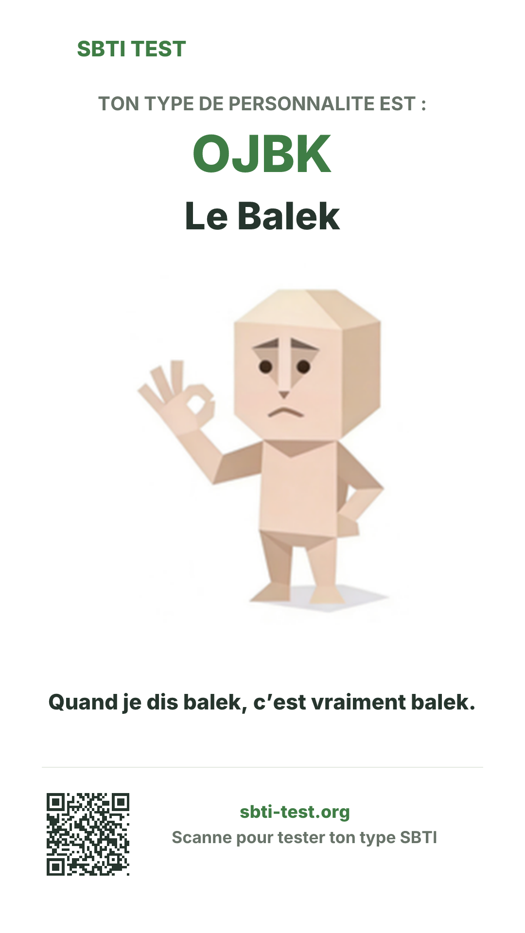 Affiche verticale SBTI pour OJBK Le Balek, avec le visuel du type et les infos de partage