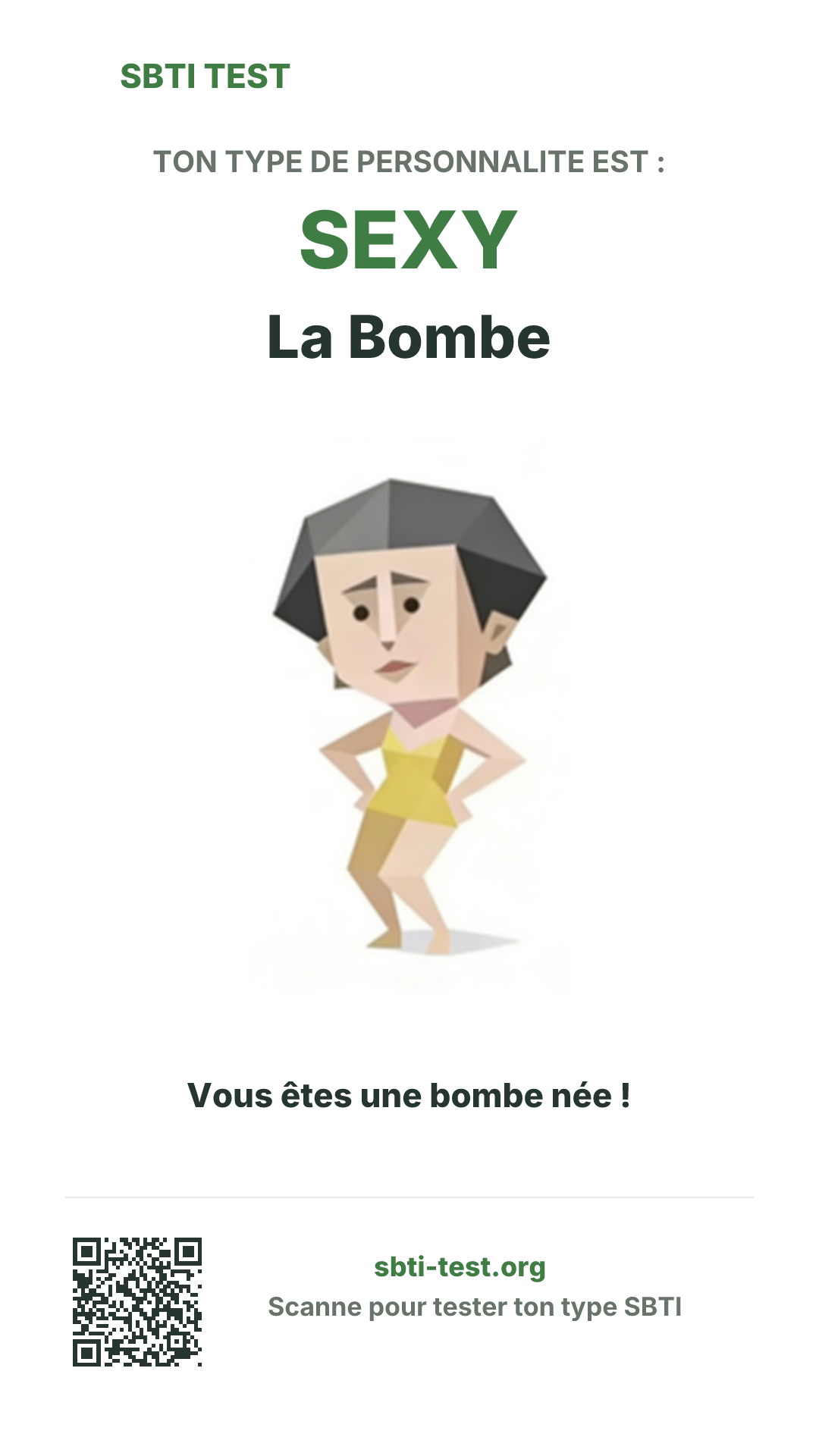 Affiche verticale SBTI pour SEXY La Bombe, avec le visuel du type et les infos de partage