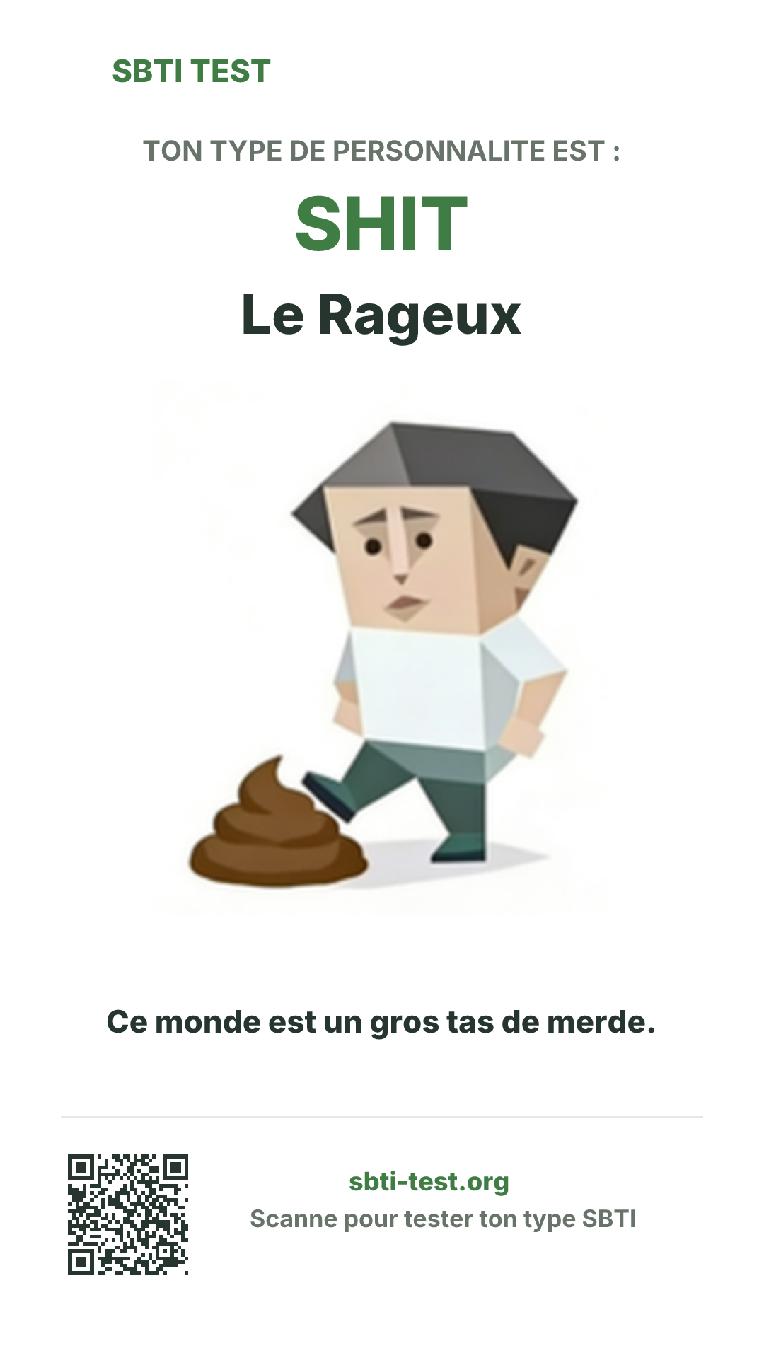 Affiche verticale SBTI pour SHIT Le Rageux, avec le visuel du type et les infos de partage