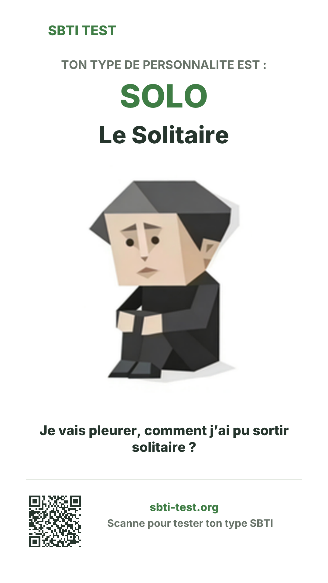 Affiche verticale SBTI pour SOLO Le Solitaire, avec le visuel du type et les infos de partage