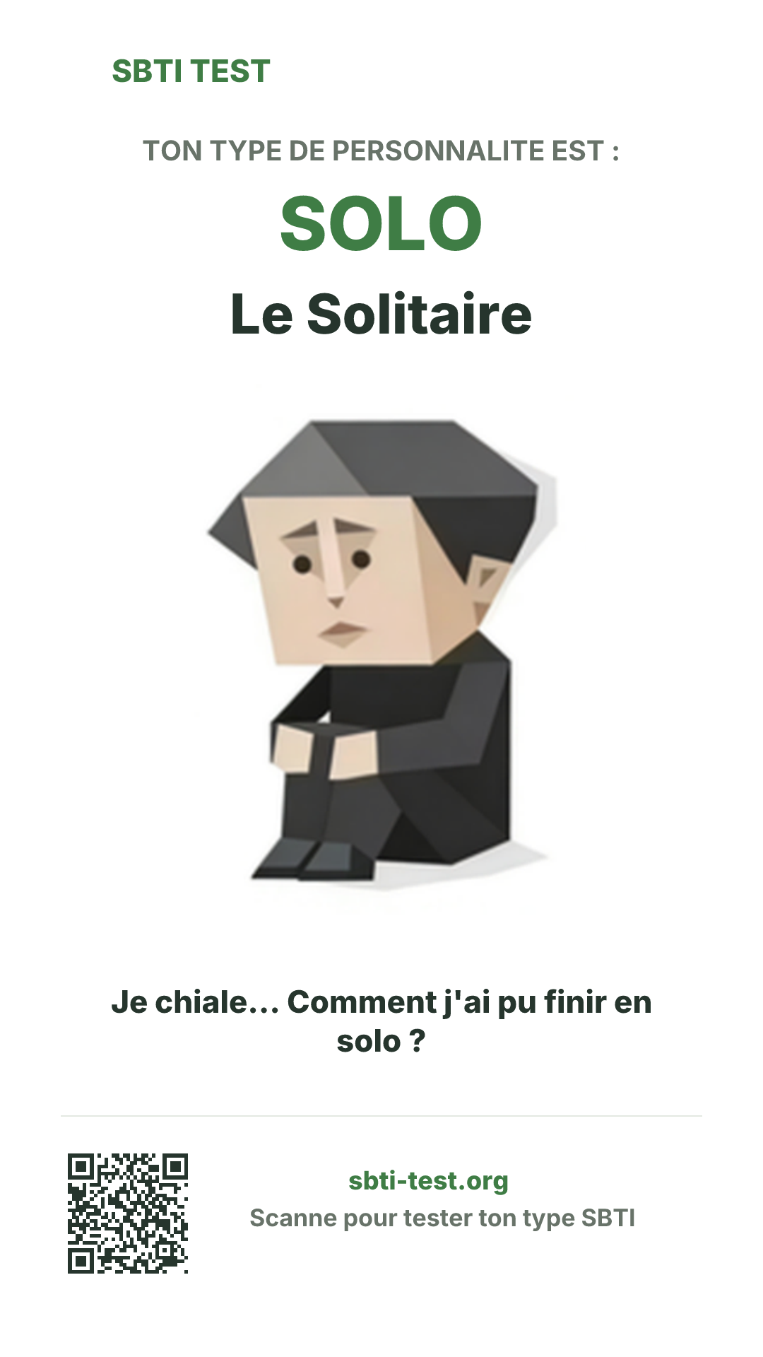 Affiche verticale SBTI pour SOLO Le Solitaire, avec le visuel du type et les infos de partage