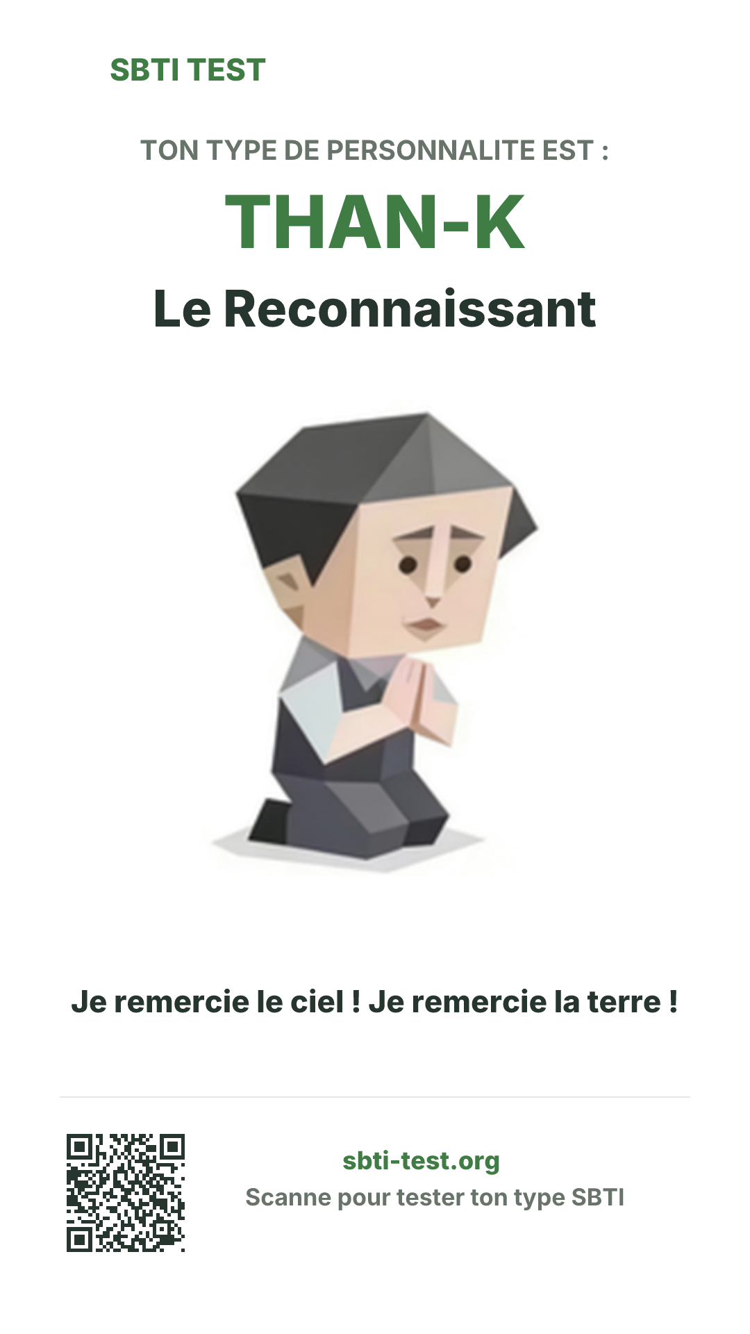 Affiche verticale SBTI pour THAN-K Le Reconnaissant, avec le visuel du type et les infos de partage