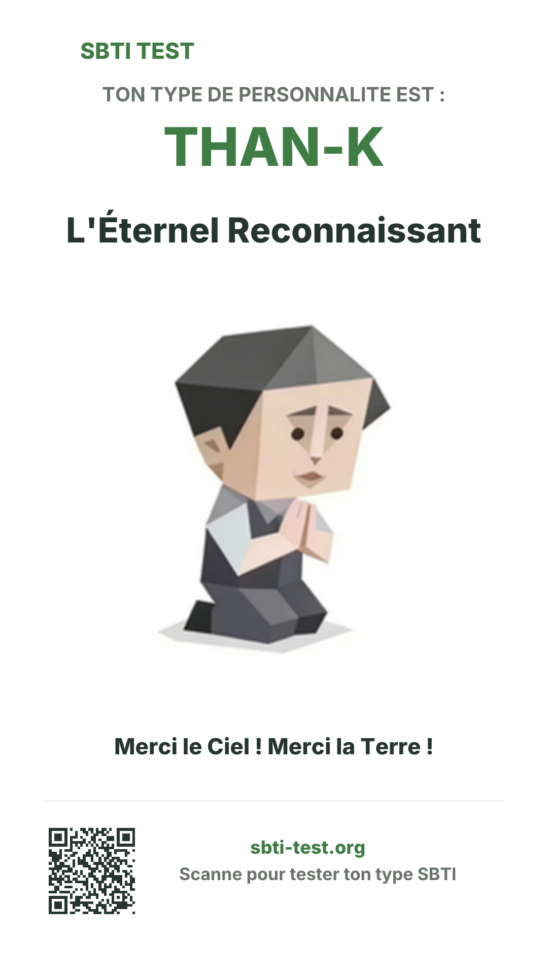 Affiche verticale SBTI pour THAN-K L'Éternel Reconnaissant, avec le visuel du type et les infos de partage