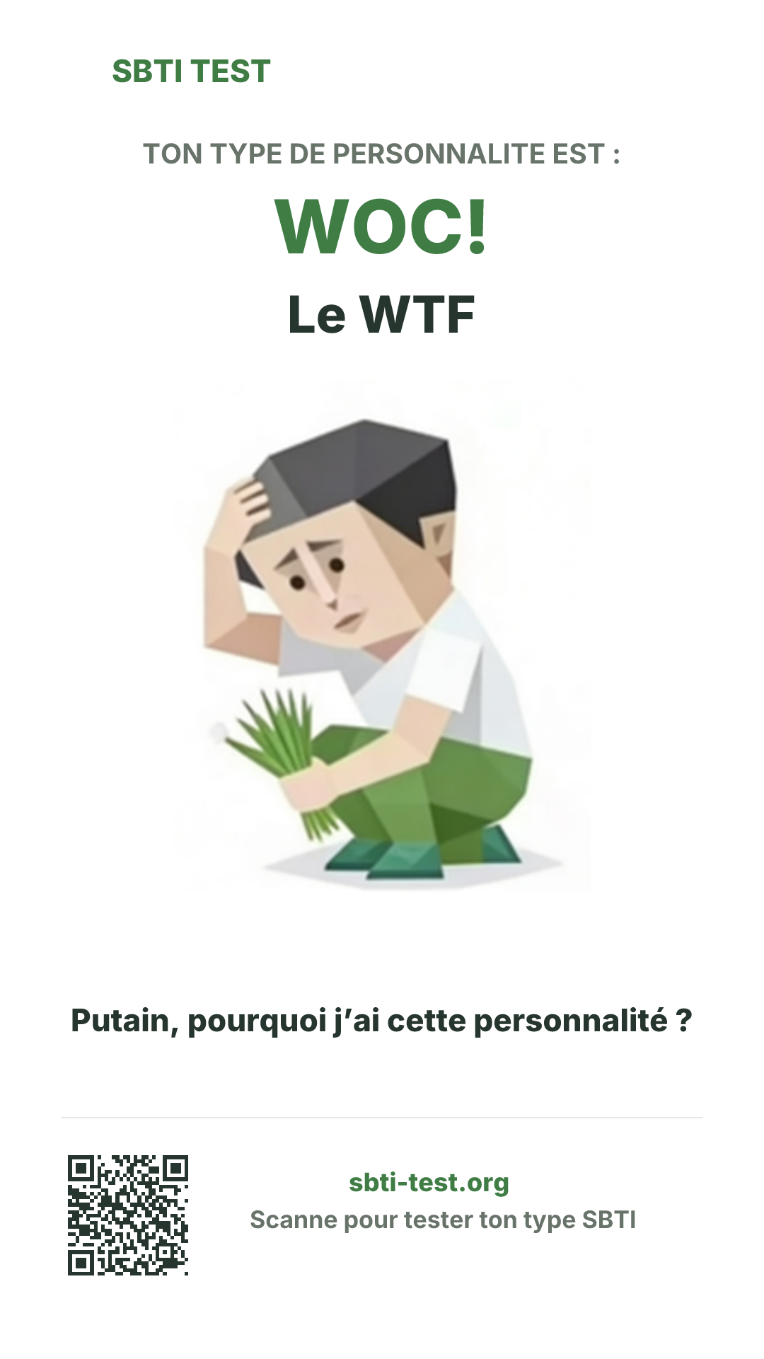 Affiche verticale SBTI pour WOC! Le WTF, avec le visuel du type et les infos de partage