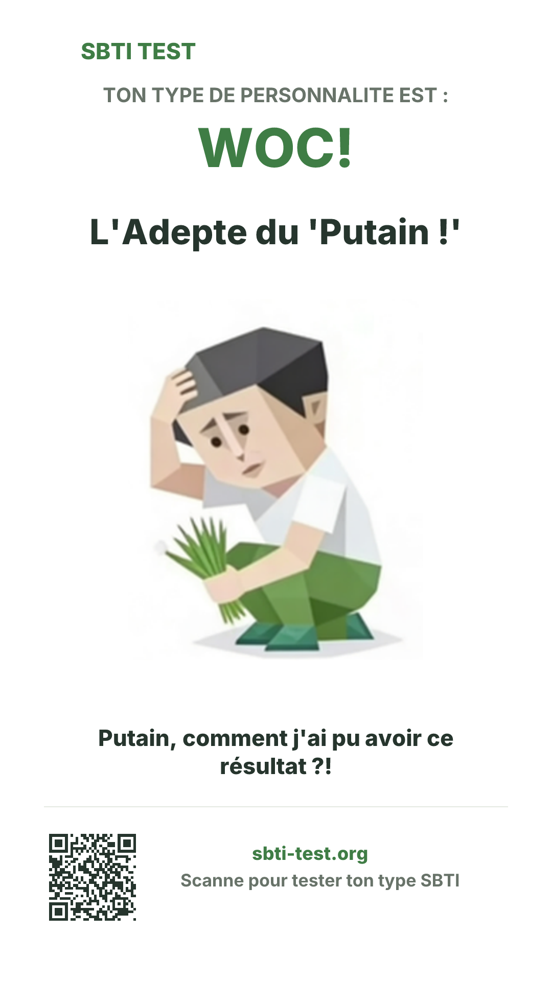 Affiche verticale SBTI pour WOC! L'Adepte du 'Putain !', avec le visuel du type et les infos de partage