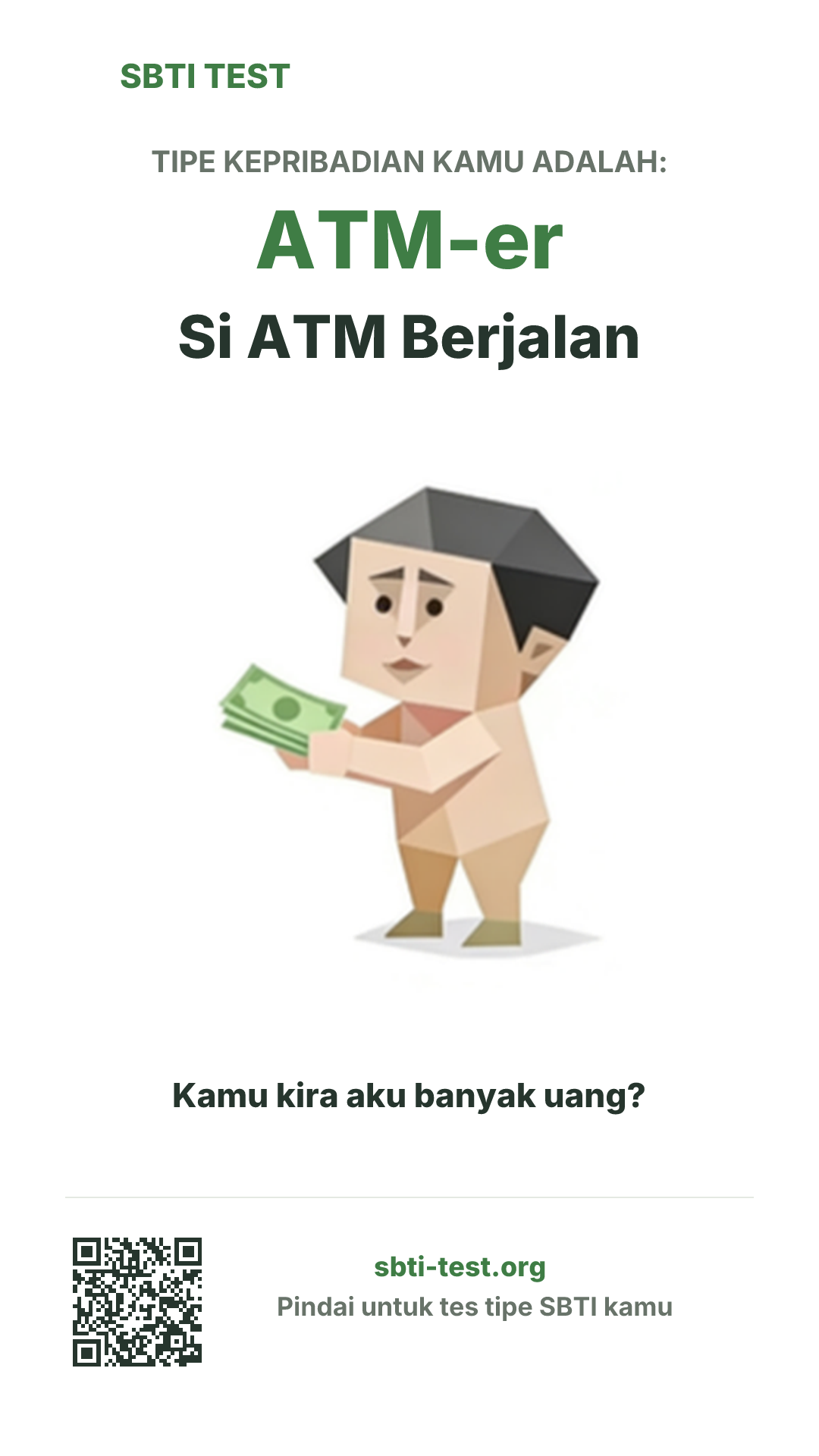 Poster vertikal SBTI untuk ATM-er Si ATM Berjalan, menampilkan ilustrasi tipe dan info berbagi
