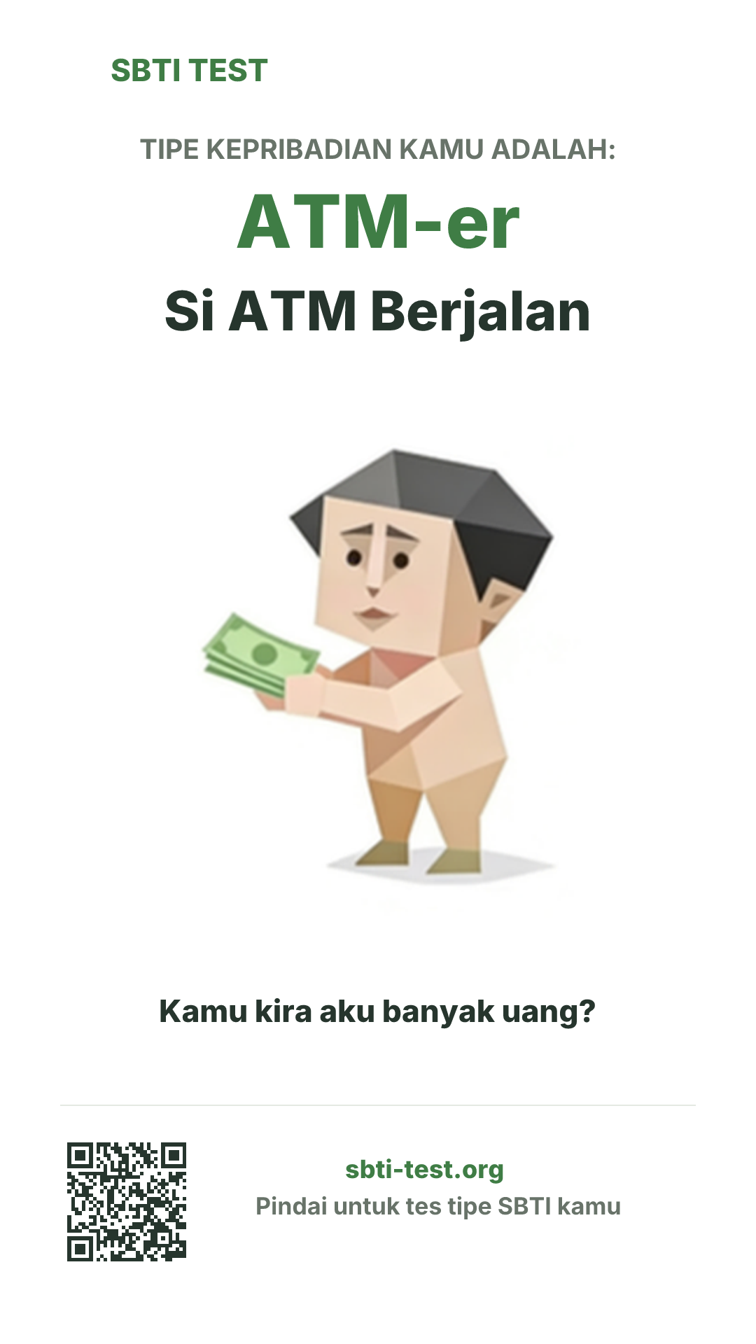Poster vertikal SBTI untuk ATM-er Si ATM Berjalan, menampilkan ilustrasi tipe dan info berbagi
