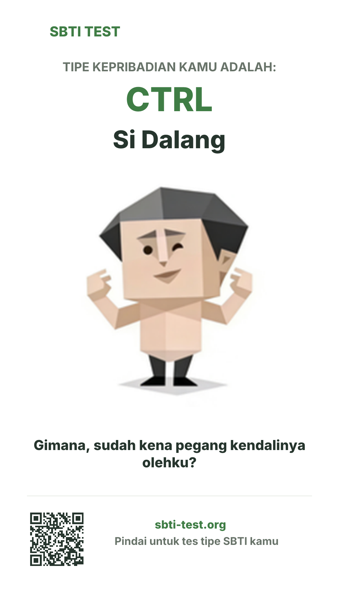 Poster vertikal SBTI untuk CTRL Si Dalang, menampilkan ilustrasi tipe dan info berbagi