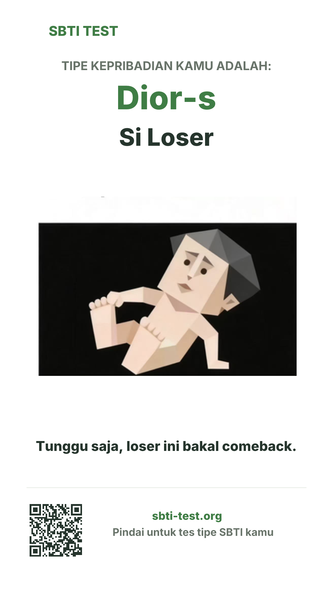 Poster vertikal SBTI untuk Dior-s Si Loser, menampilkan ilustrasi tipe dan info berbagi
