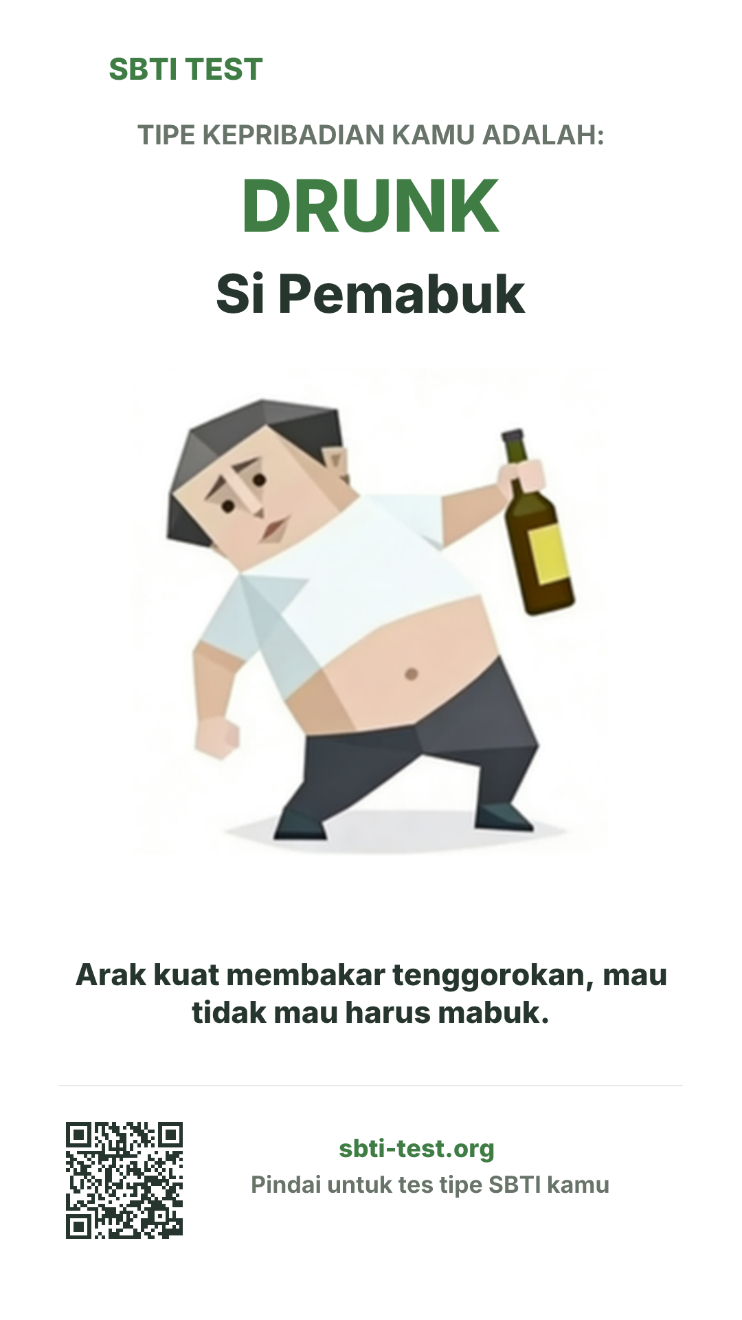 Poster vertikal SBTI untuk DRUNK Si Pemabuk, menampilkan ilustrasi tipe dan info berbagi