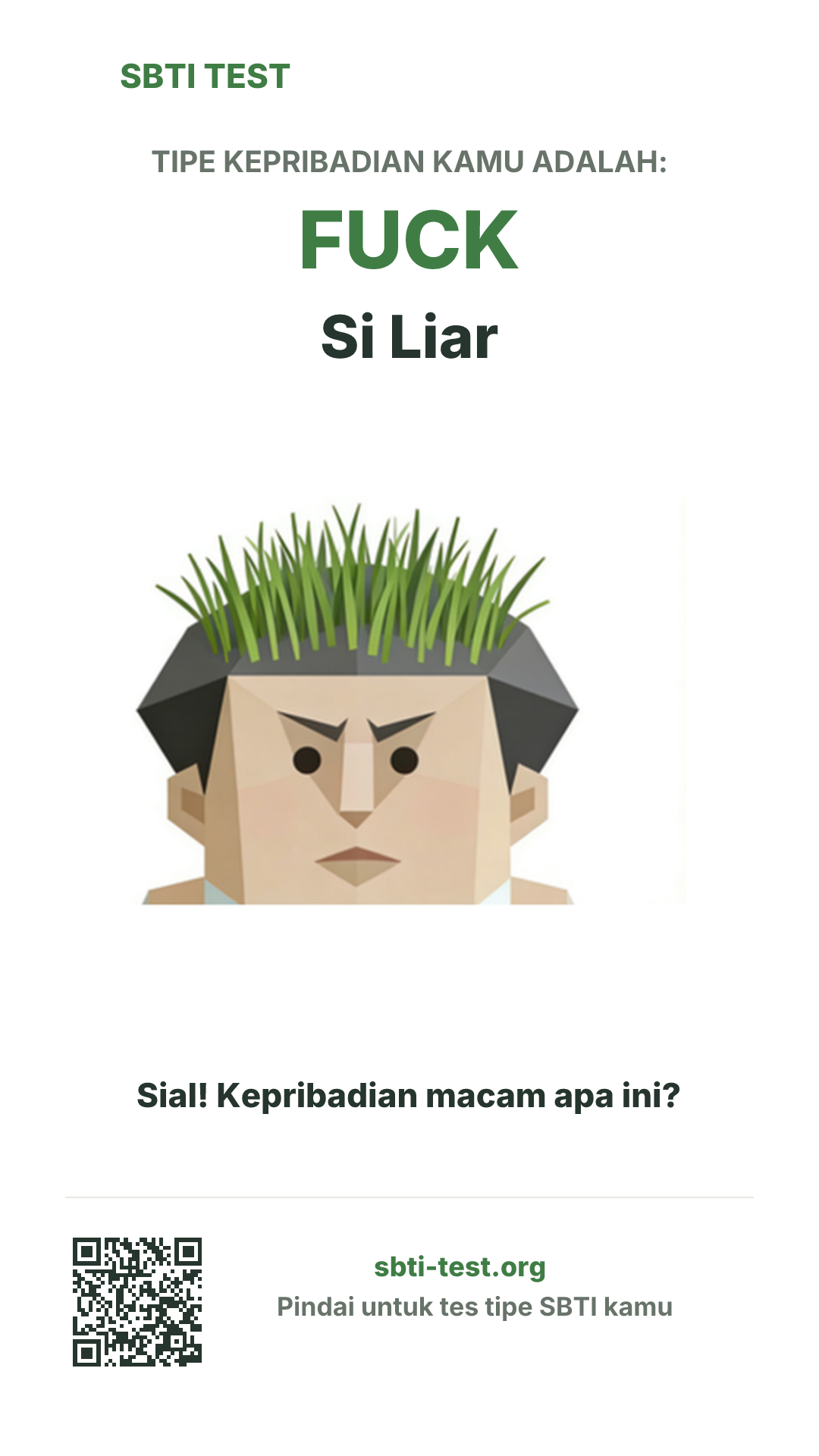 Poster vertikal SBTI untuk FUCK Si Liar, menampilkan ilustrasi tipe dan info berbagi