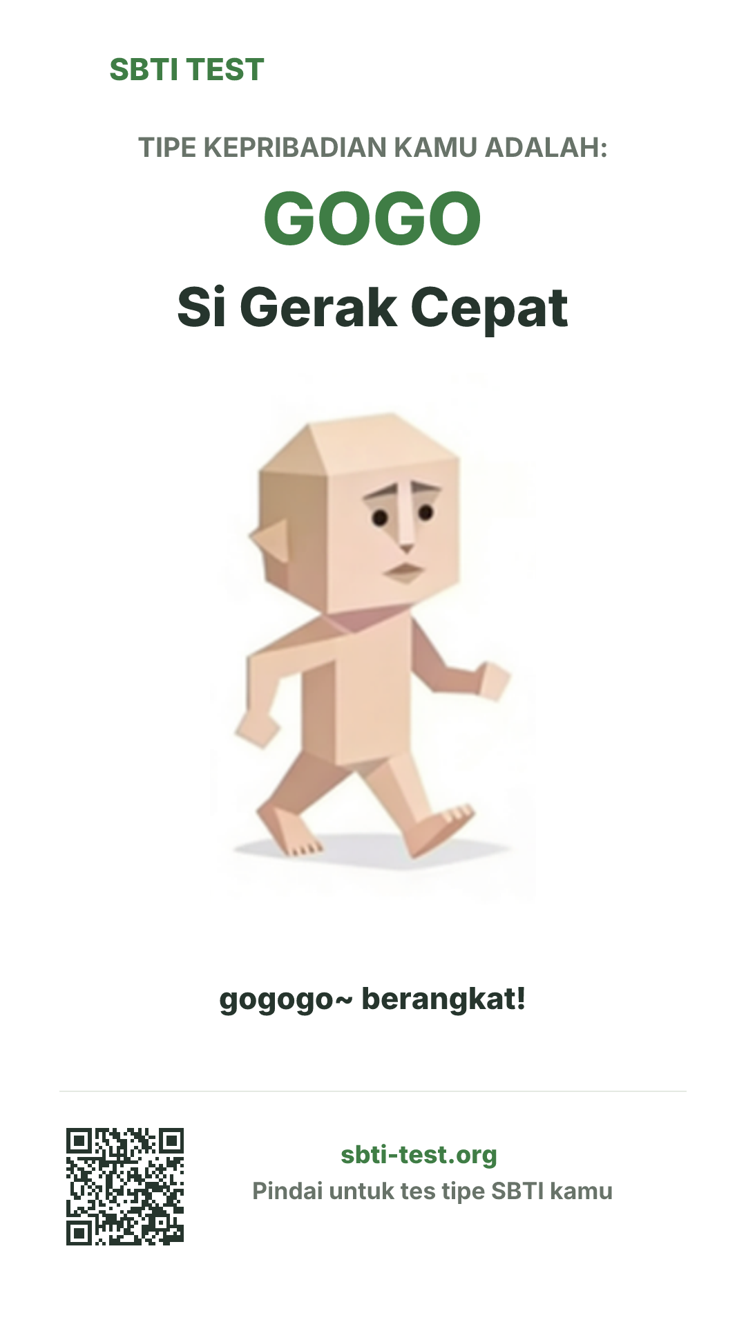 Poster vertikal SBTI untuk GOGO Si Gerak Cepat, menampilkan ilustrasi tipe dan info berbagi