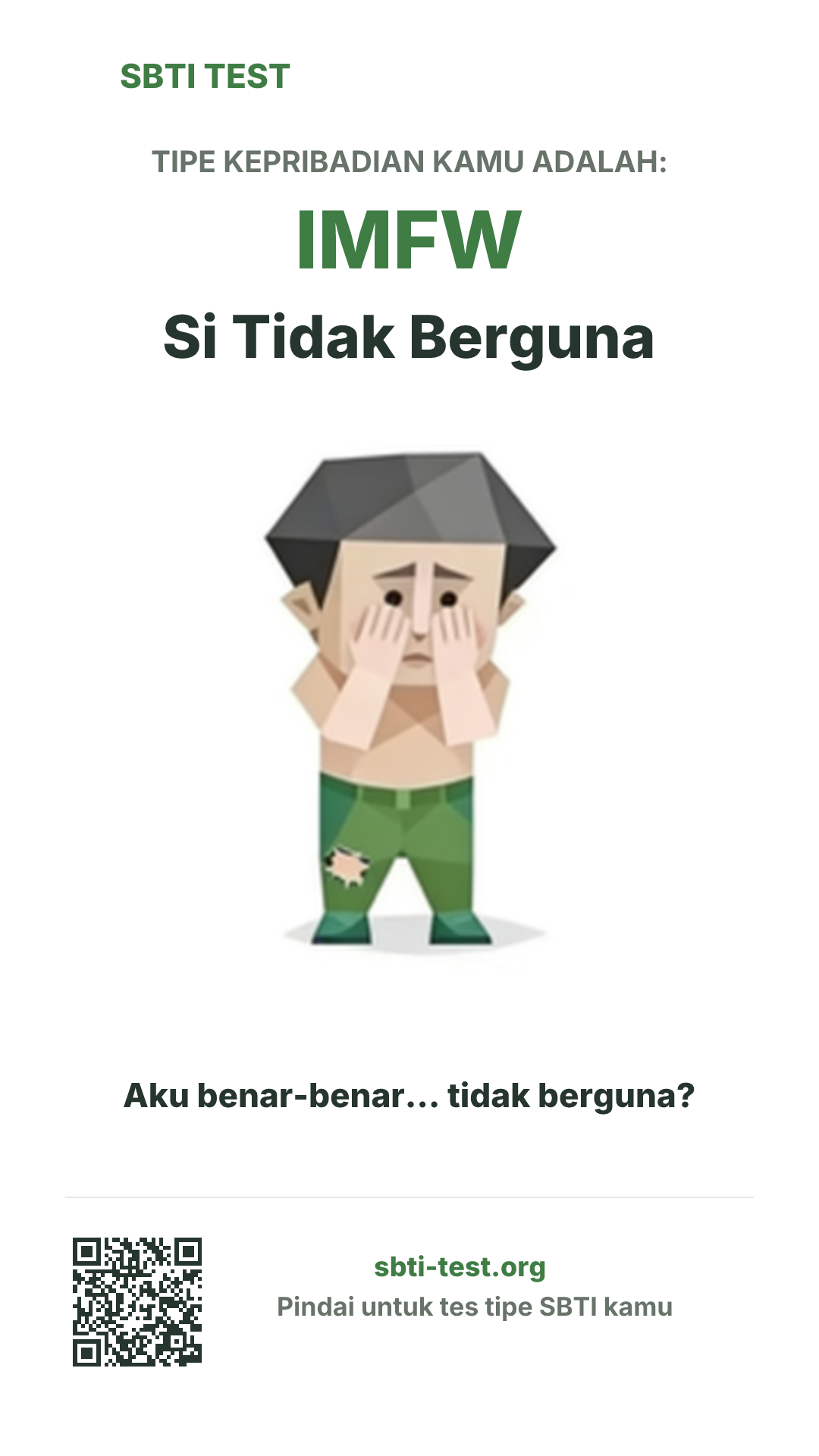 Poster vertikal SBTI untuk IMFW Si Gagal, menampilkan ilustrasi tipe dan info berbagi