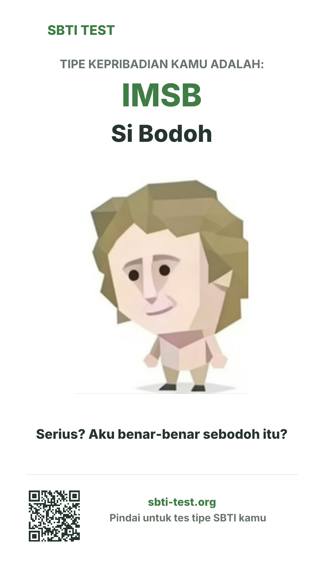 Poster vertikal SBTI untuk IMSB Si Bodoh, menampilkan ilustrasi tipe dan info berbagi