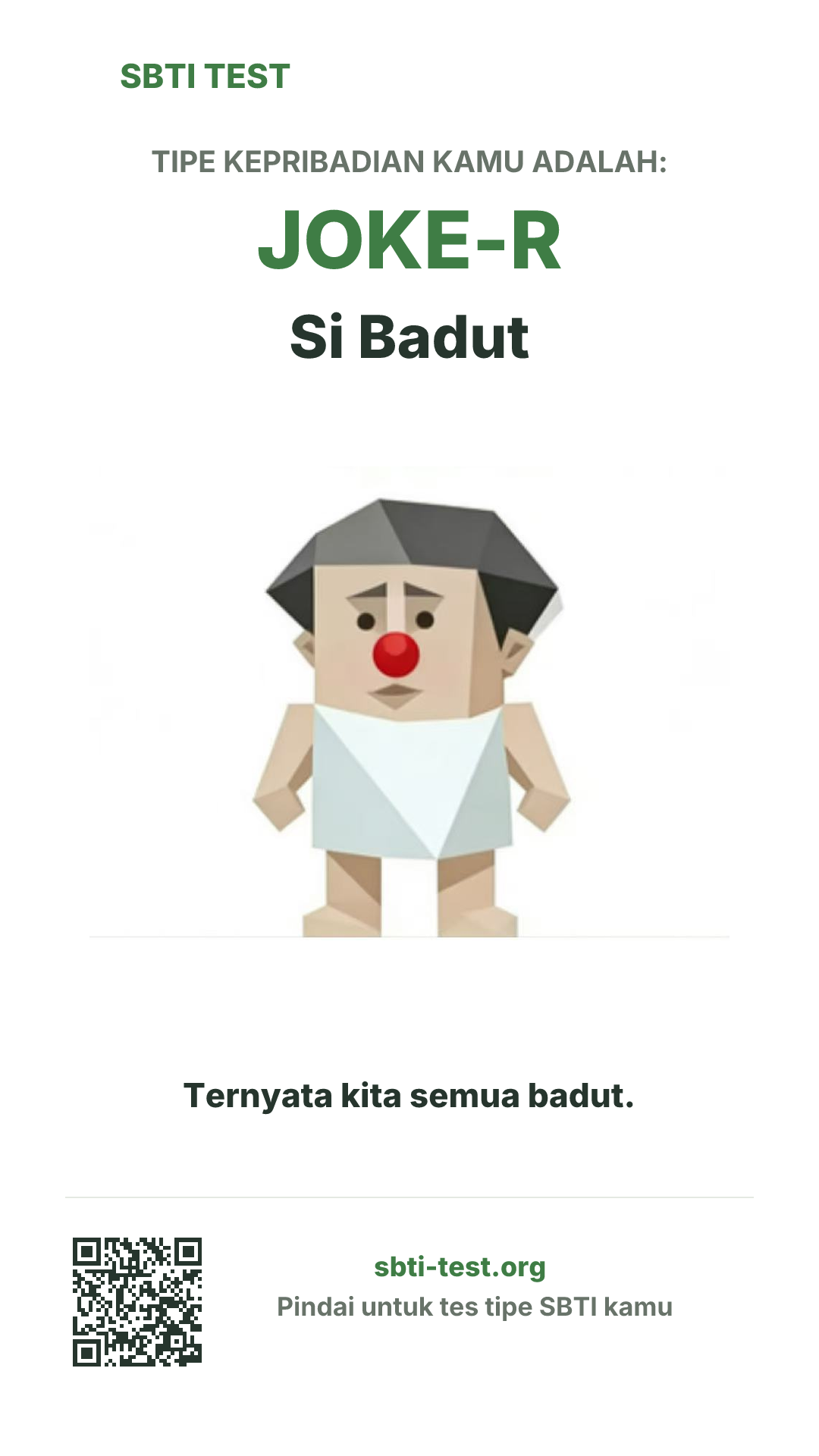 Poster vertikal SBTI untuk JOKE-R Si Badut, menampilkan ilustrasi tipe dan info berbagi