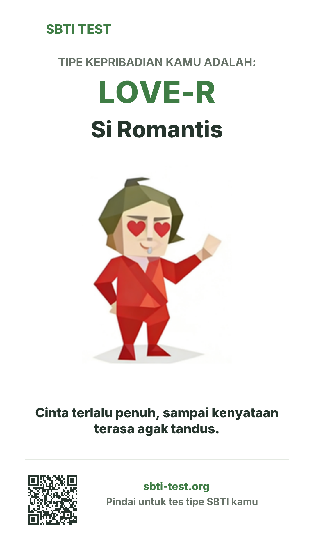 Poster vertikal SBTI untuk LOVE-R Si Romantis, menampilkan ilustrasi tipe dan info berbagi