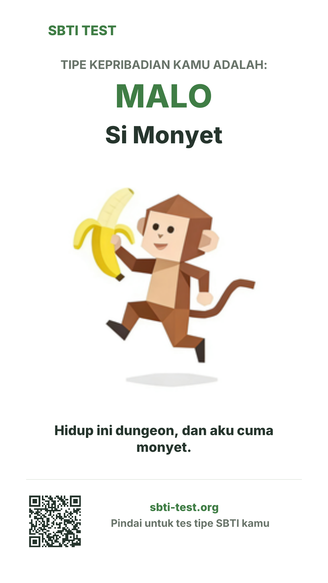 Poster vertikal SBTI untuk MALO Si Kroco, menampilkan ilustrasi tipe dan info berbagi