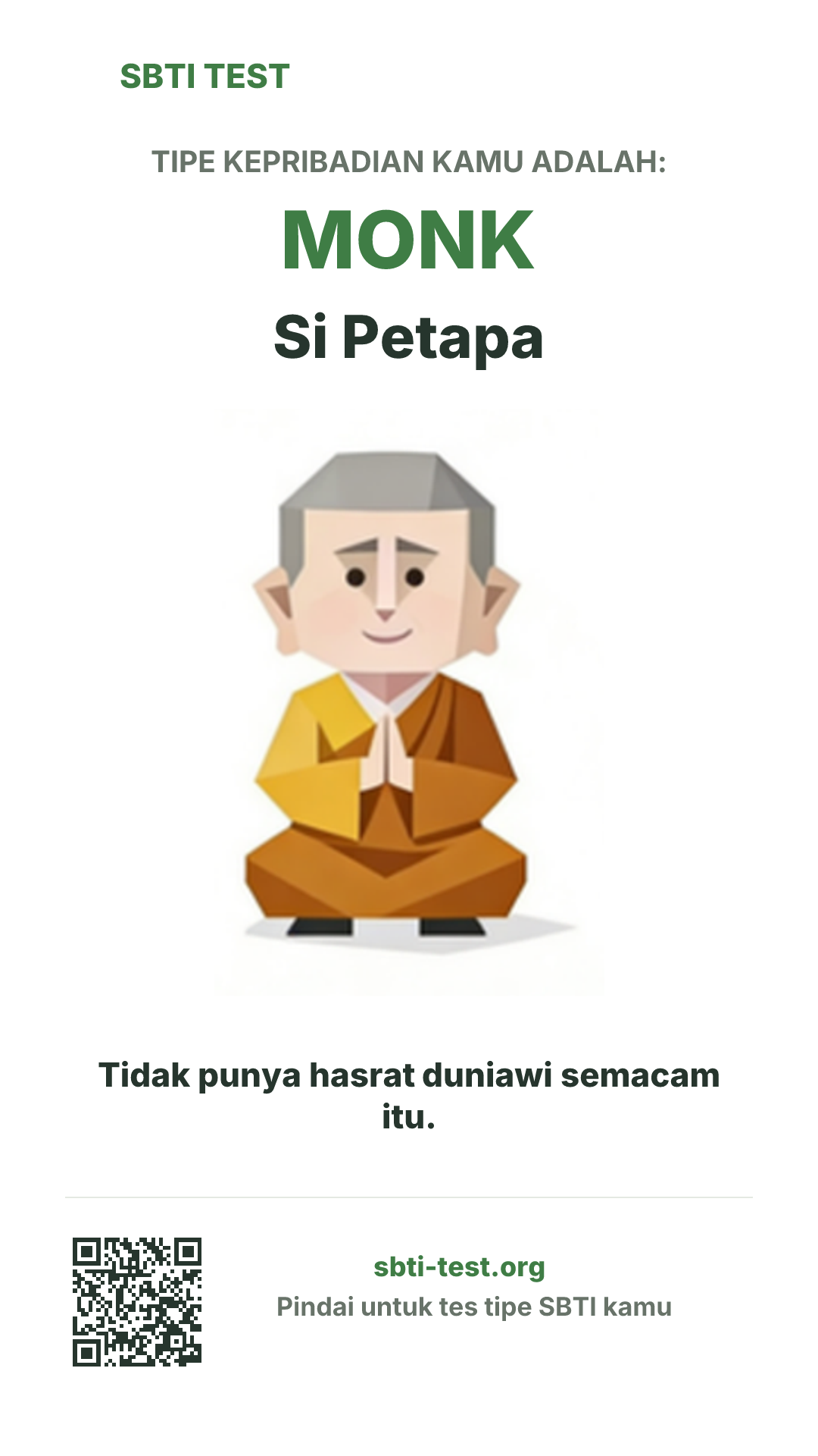 Poster vertikal SBTI untuk MONK Si Petapa, menampilkan ilustrasi tipe dan info berbagi