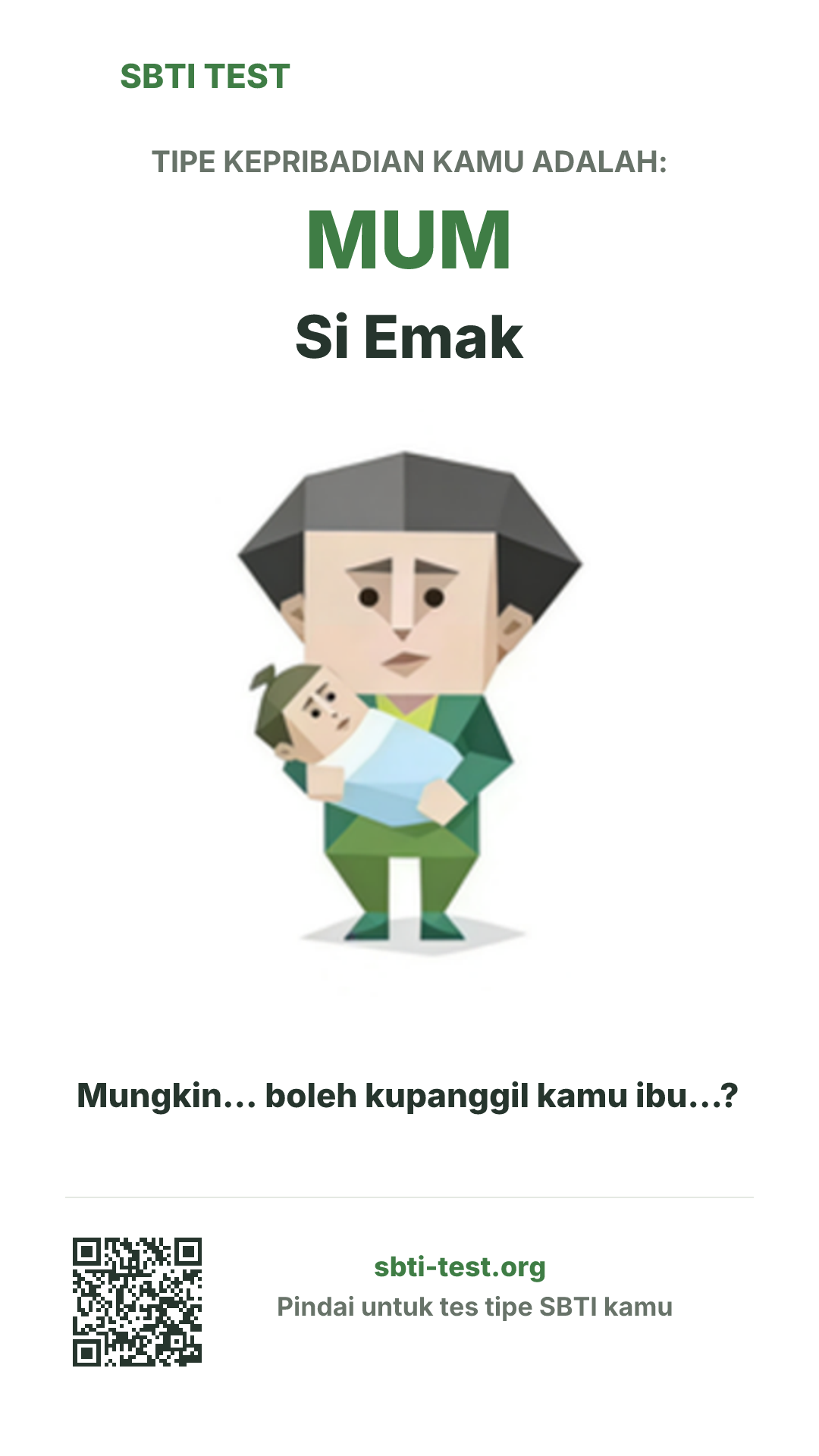 Poster vertikal SBTI untuk MUM Si Emak, menampilkan ilustrasi tipe dan info berbagi
