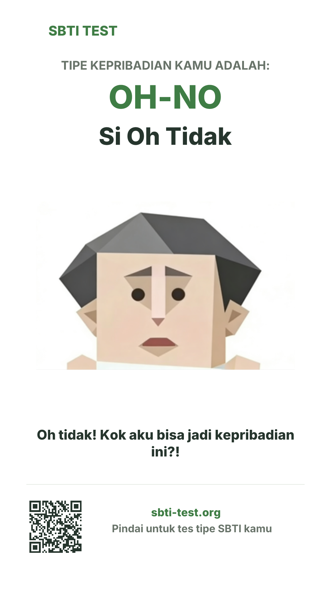 Poster vertikal SBTI untuk OH-NO Si Oh Tidak, menampilkan ilustrasi tipe dan info berbagi