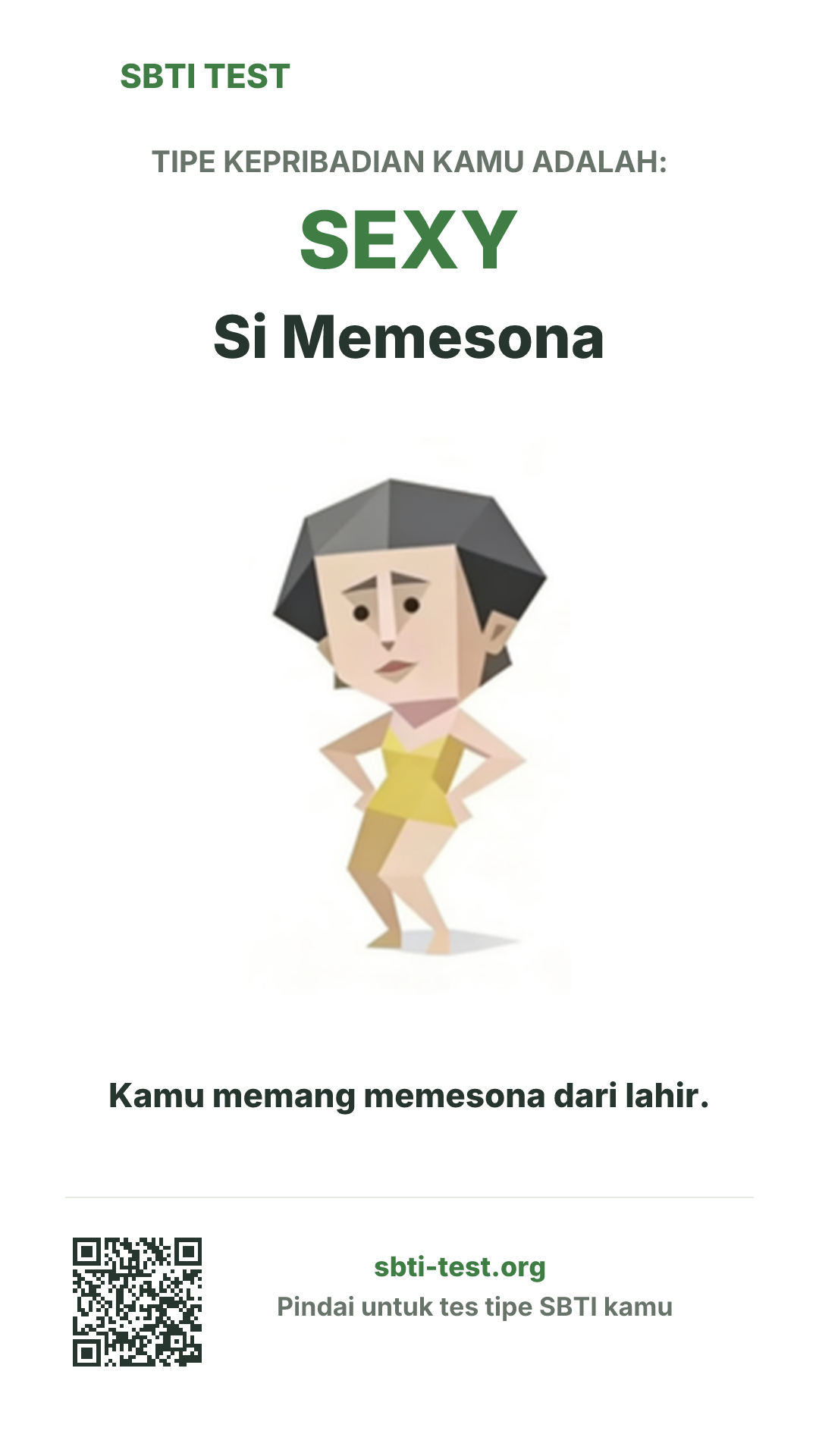 Poster vertikal SBTI untuk SEXY Si Memesona, menampilkan ilustrasi tipe dan info berbagi