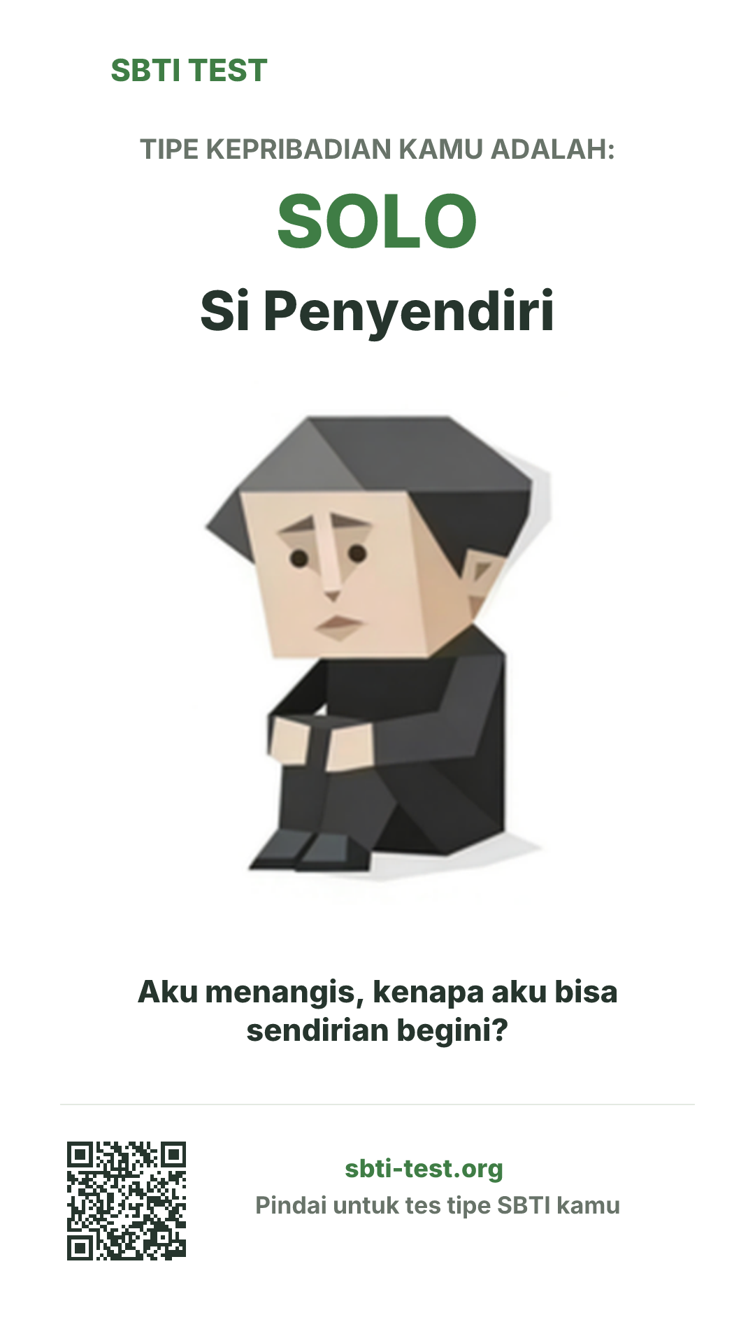 Poster vertikal SBTI untuk SOLO Si Penyendiri, menampilkan ilustrasi tipe dan info berbagi
