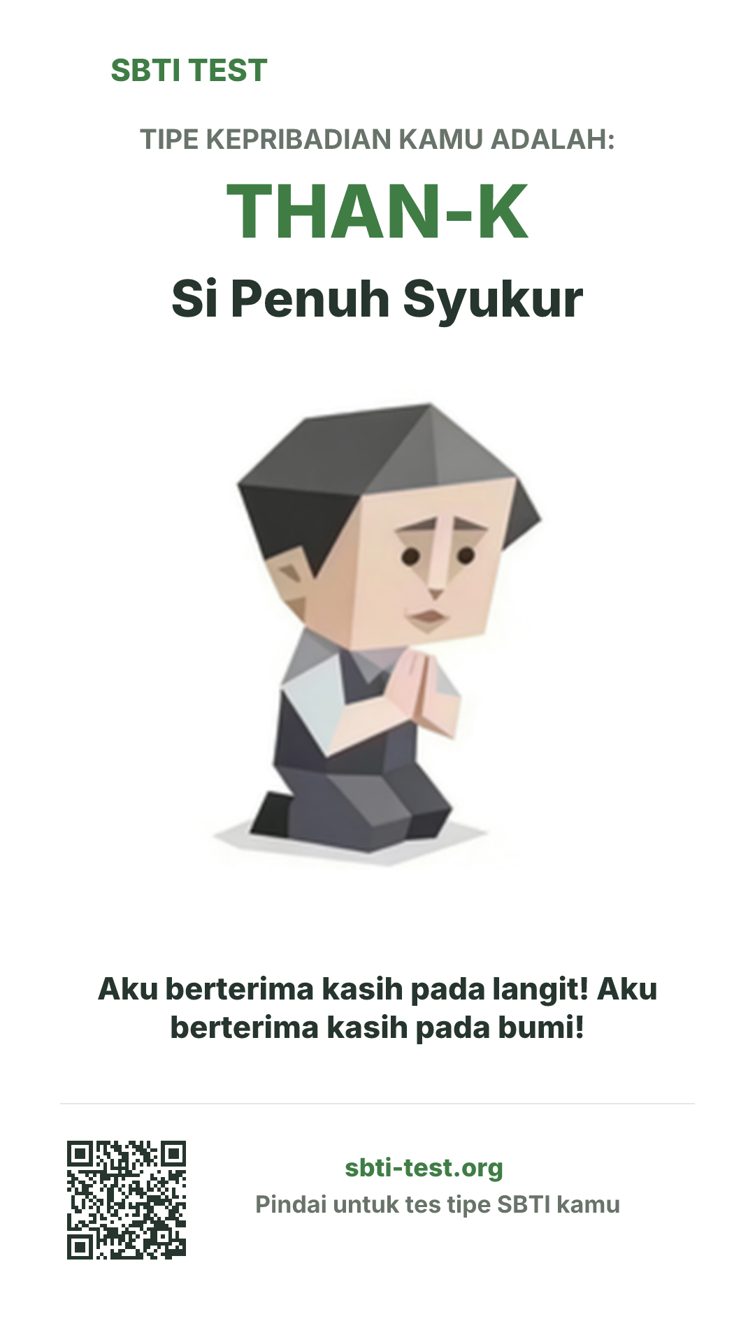 Poster vertikal SBTI untuk THAN-K Si Penuh Syukur, menampilkan ilustrasi tipe dan info berbagi