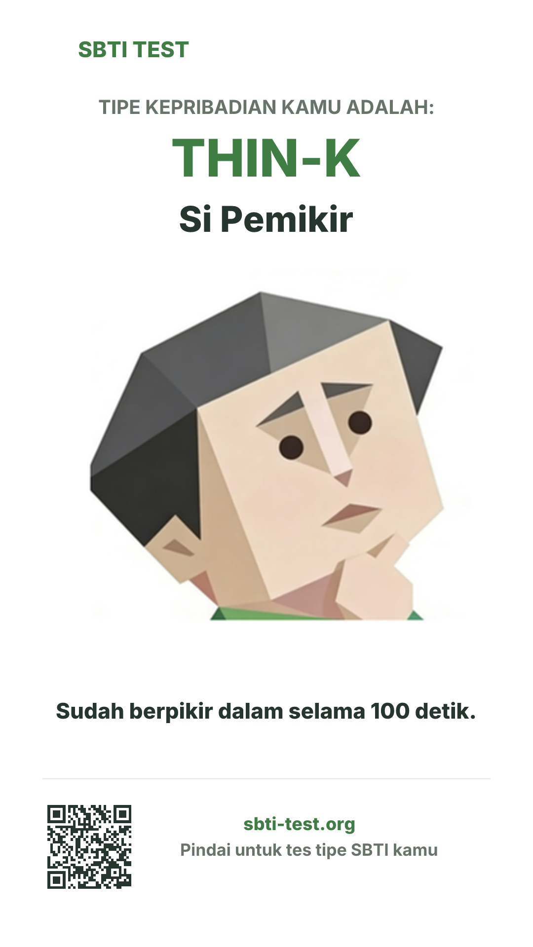 Poster vertikal SBTI untuk THIN-K Si Pemikir, menampilkan ilustrasi tipe dan info berbagi