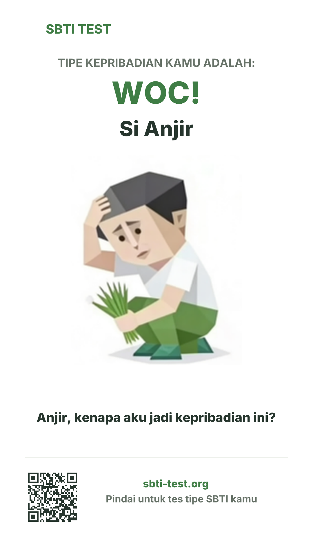 Poster vertikal SBTI untuk WOC! Si Anjir, menampilkan ilustrasi tipe dan info berbagi