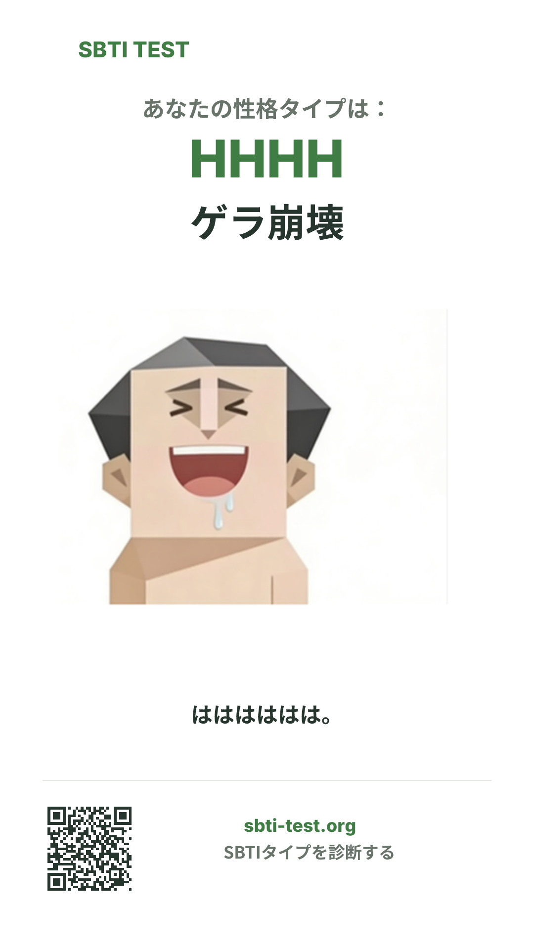 HHHH ゲラ崩壊 の SBTI 縦長ポスター画像。タイプのビジュアルと共有情報を表示