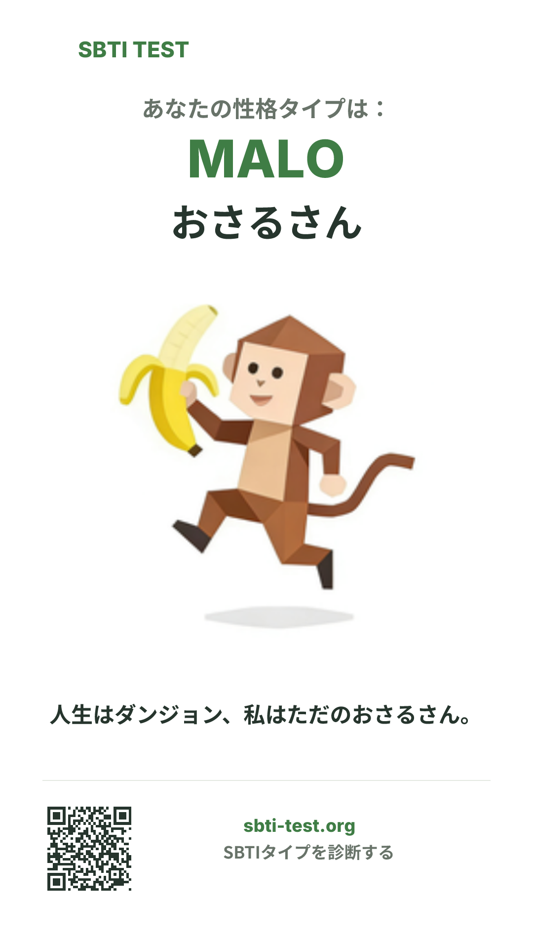 MALO おさるさん の SBTI 縦長ポスター画像。タイプのビジュアルと共有情報を表示