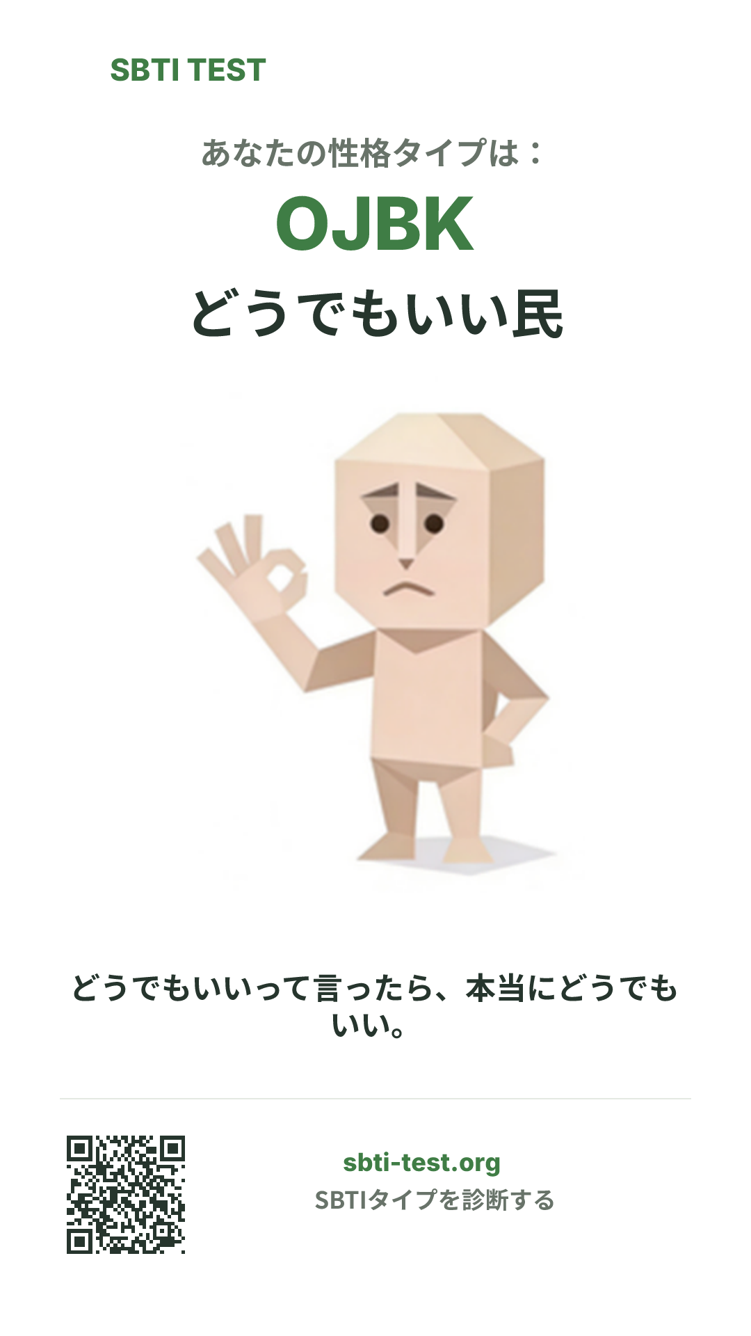 OJBK どうでもいい民 の SBTI 縦長ポスター画像。タイプのビジュアルと共有情報を表示