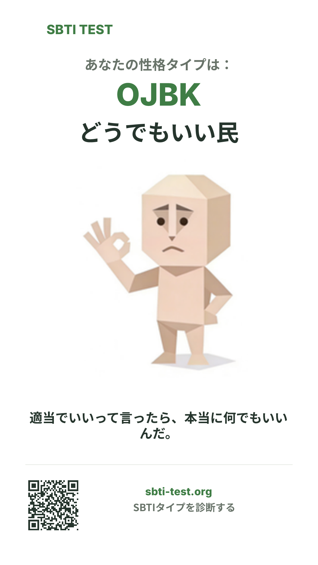 OJBK どうでもいい民 の SBTI 縦長ポスター画像。タイプのビジュアルと共有情報を表示