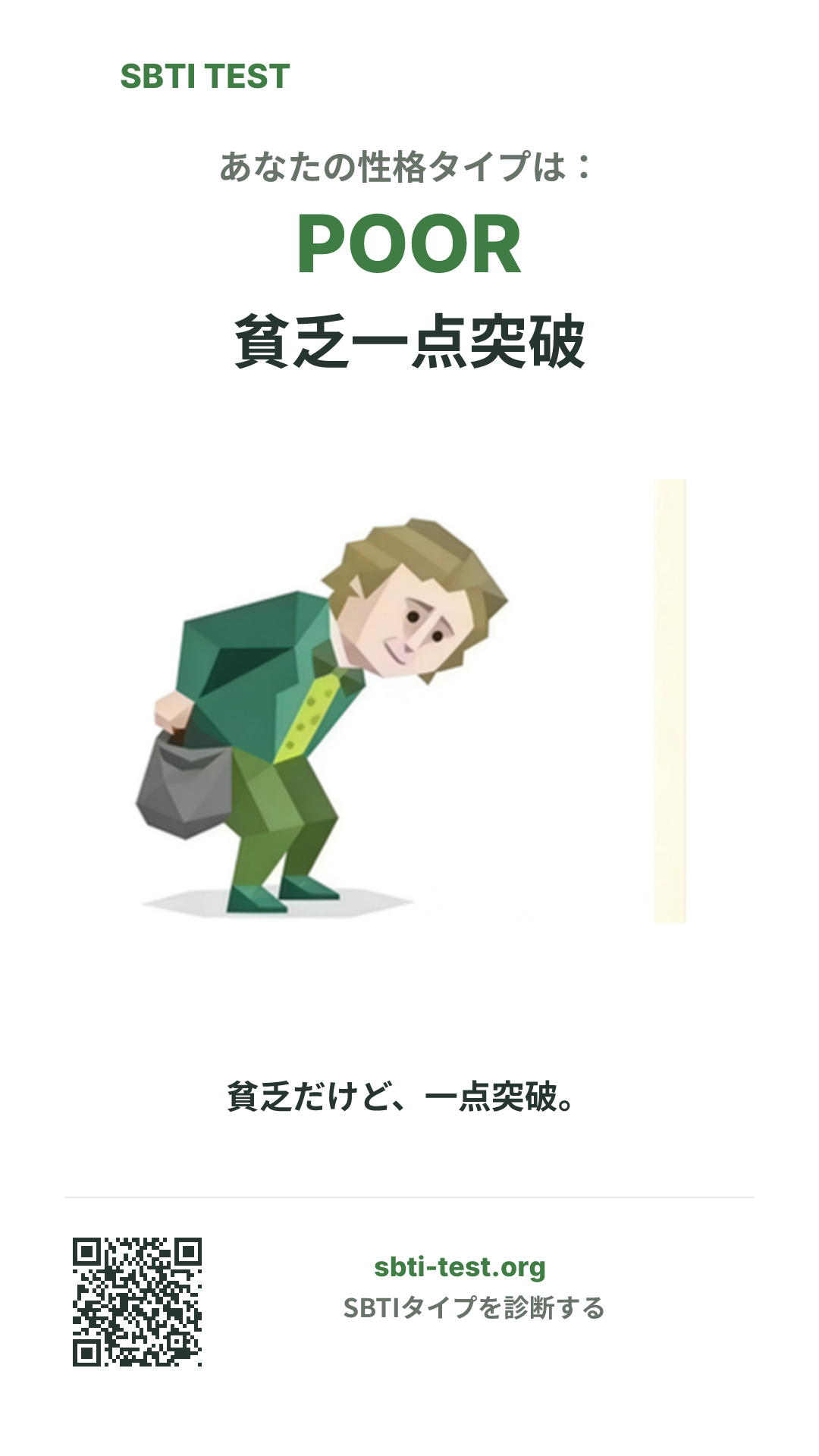 POOR 貧乏一点突破 の SBTI 縦長ポスター画像。タイプのビジュアルと共有情報を表示